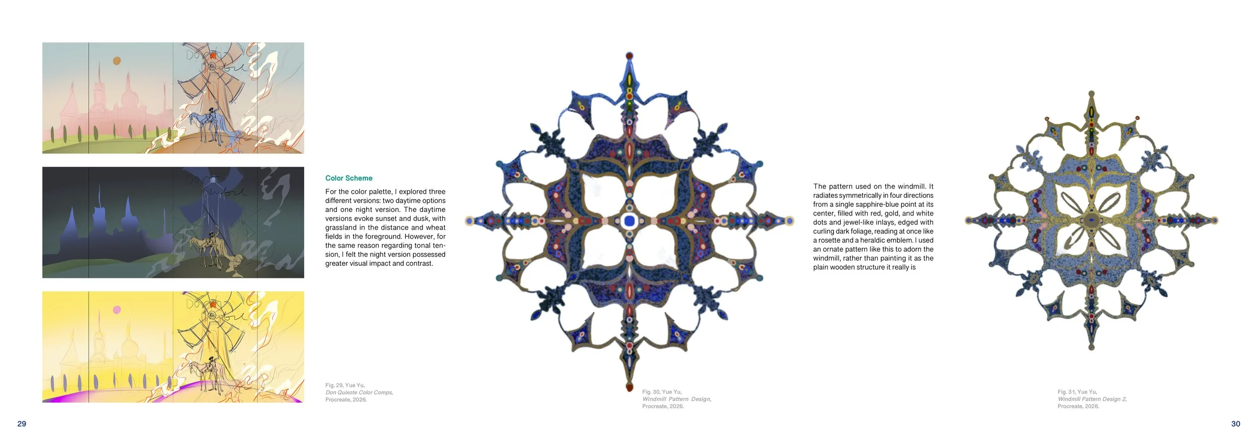 Two colorful illustrations of a windmill design, one with a daytime color scheme and the other at night, alongside a detailed, symmetrical windmill pattern with decorative elements and annotations.