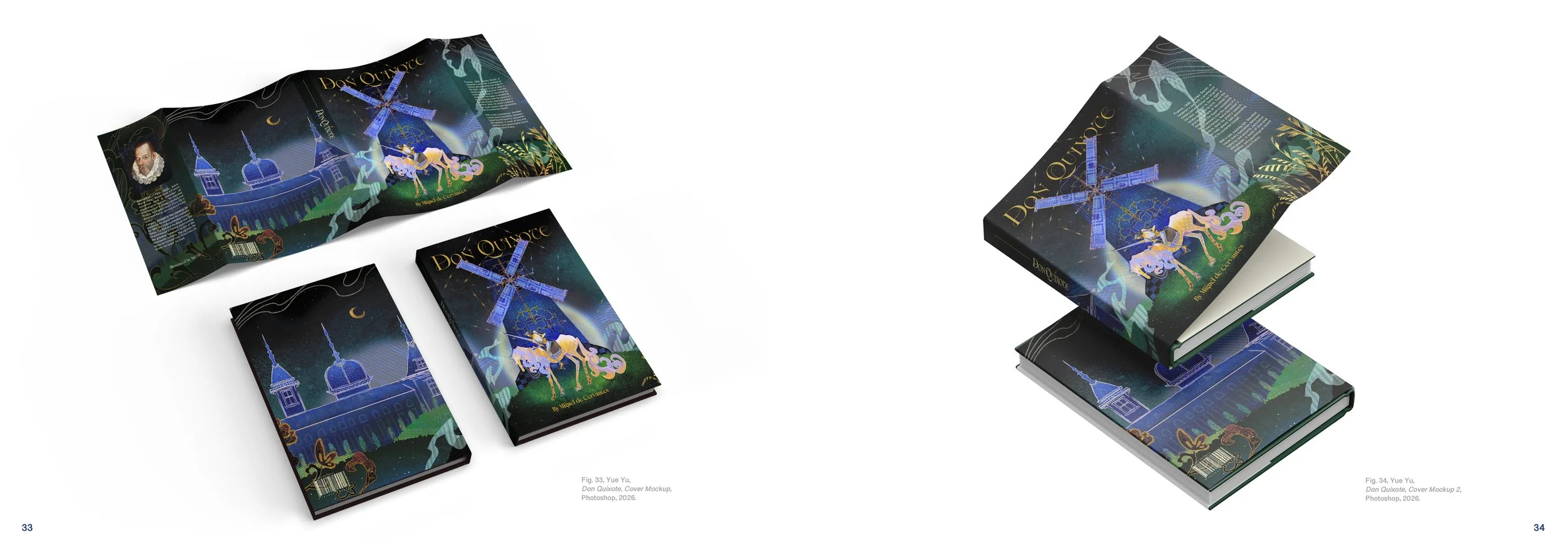 A mockup of a book cover titled "Don Quixote" with colorful, fantasy-style artwork including a windmill and a armored knight on a horse, displayed both as flat and stacked.