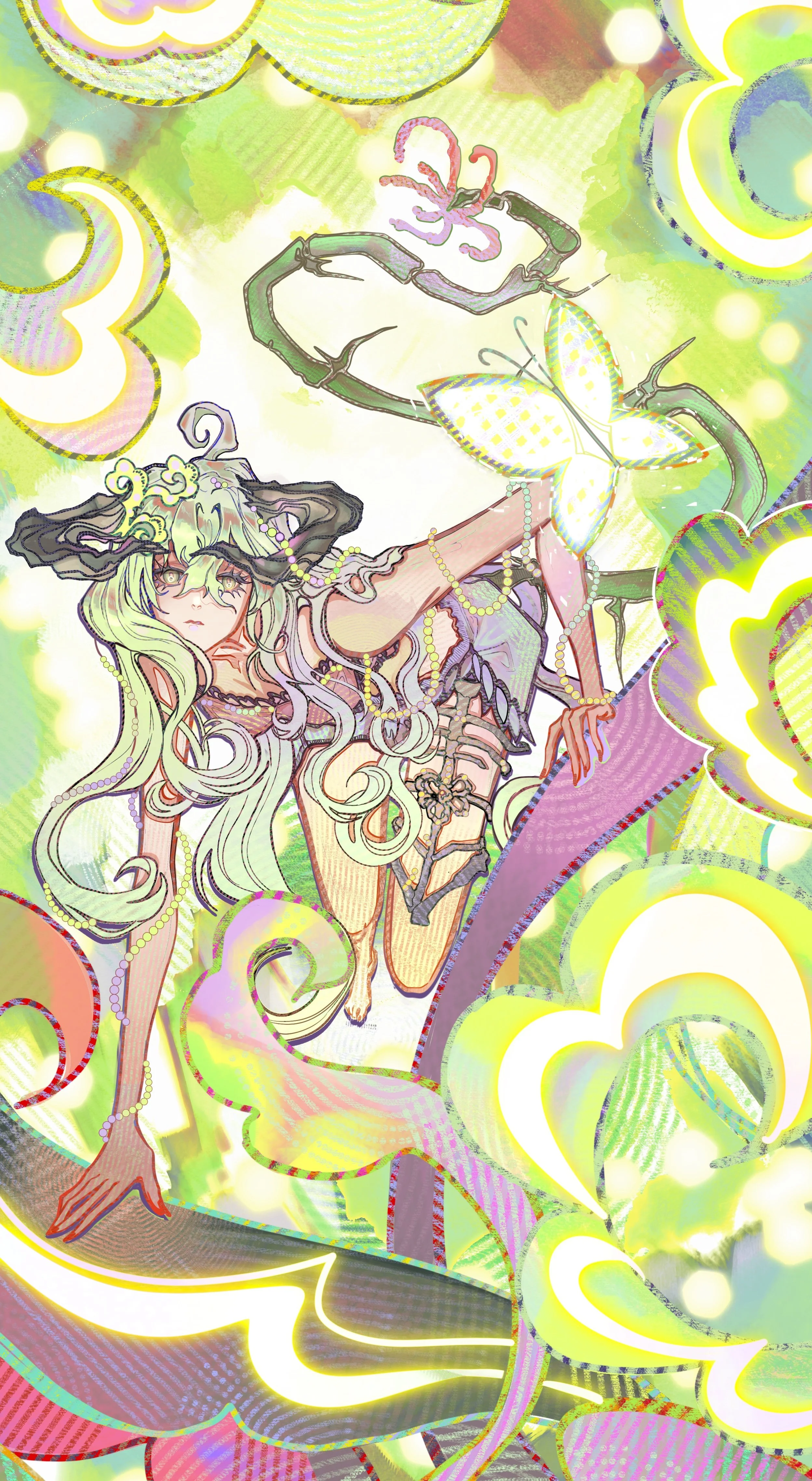 A fantasy-style illustration featuring a female figure with long flowing hair, wearing a crown and revealing clothing, surrounded by colorful, glowing hearts, moon shapes, and a butterfly.