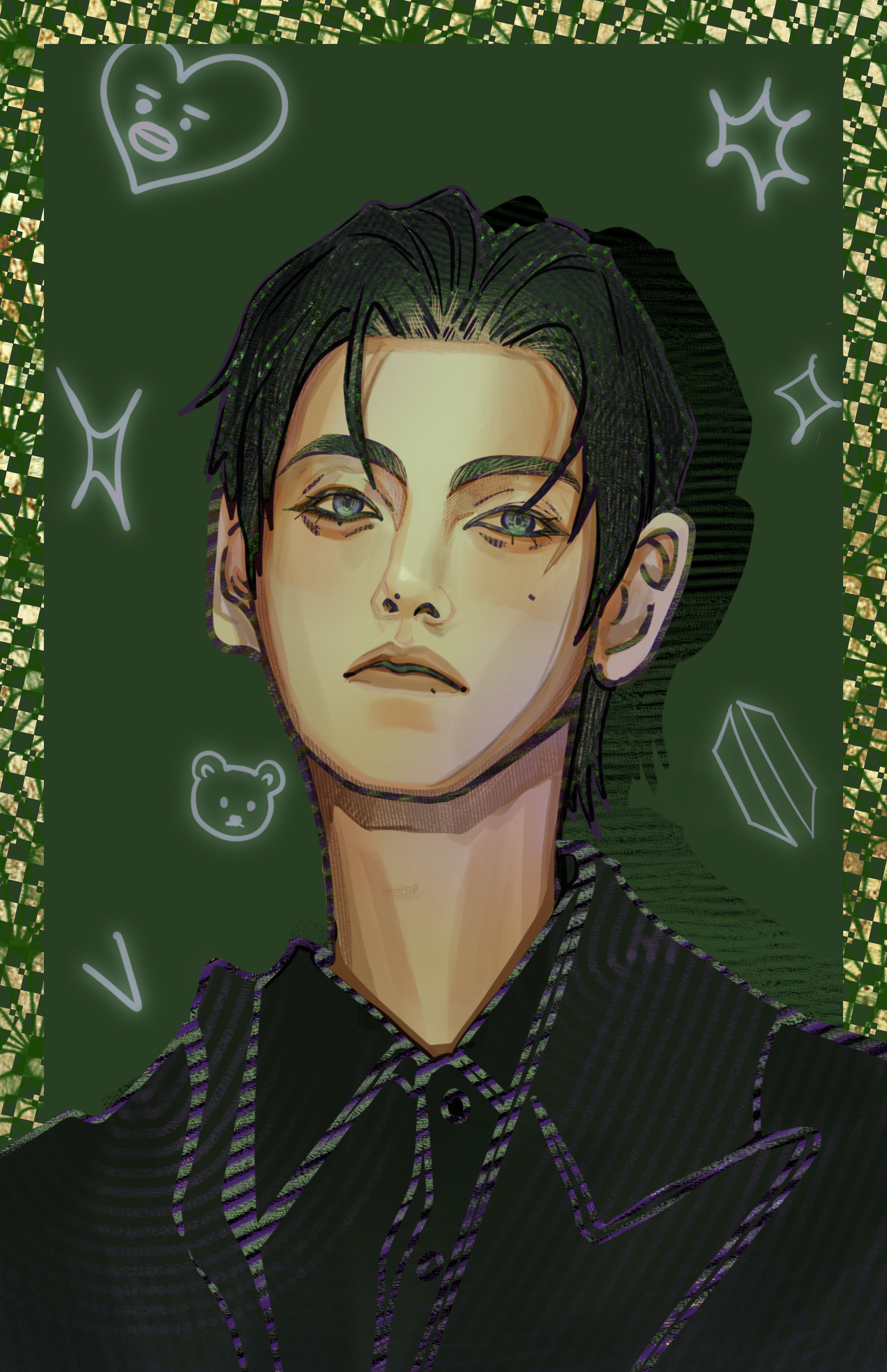 Digital artwork of a young man with dark hair and fair skin, wearing a dark collared shirt and jacket, set against a dark green background decorated with neon-style doodles of a heart, some leaves, a bear, and geometric shapes.