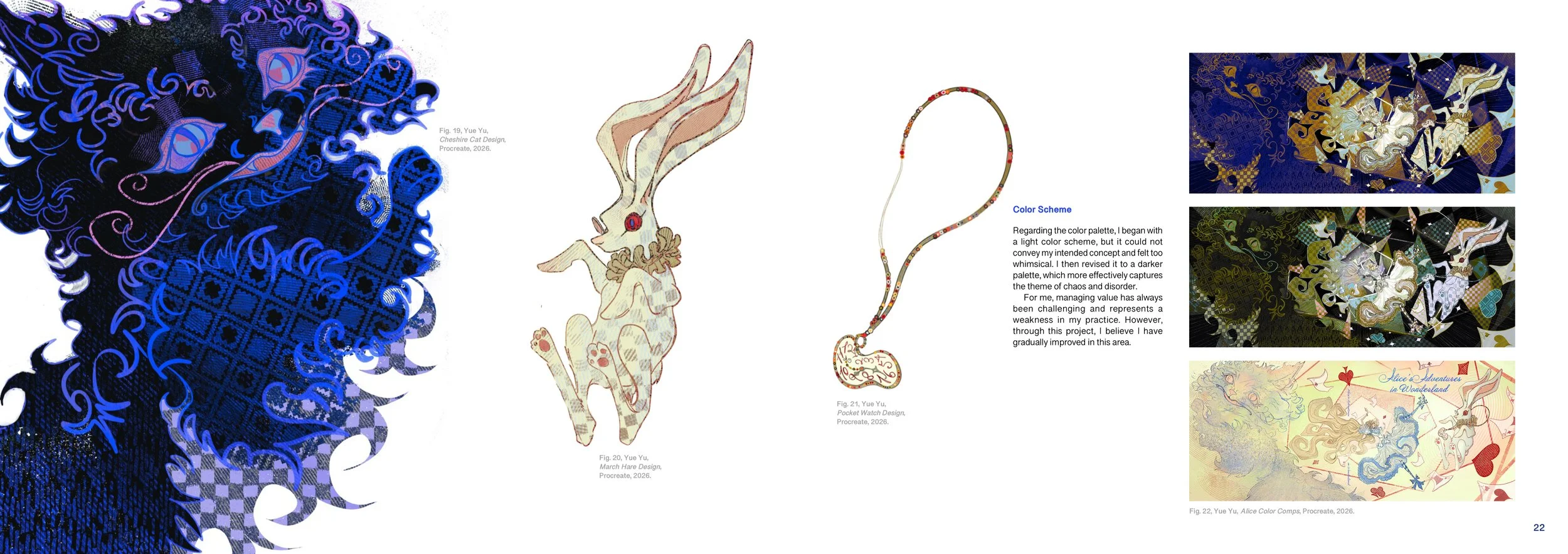 Page from a design book featuring illustrations of a girl with blue curly hair, and three smaller images of rabbit characters, one with a light color palette, one darker, and one with a whimsical scene, along with a paragraph about color schemes.