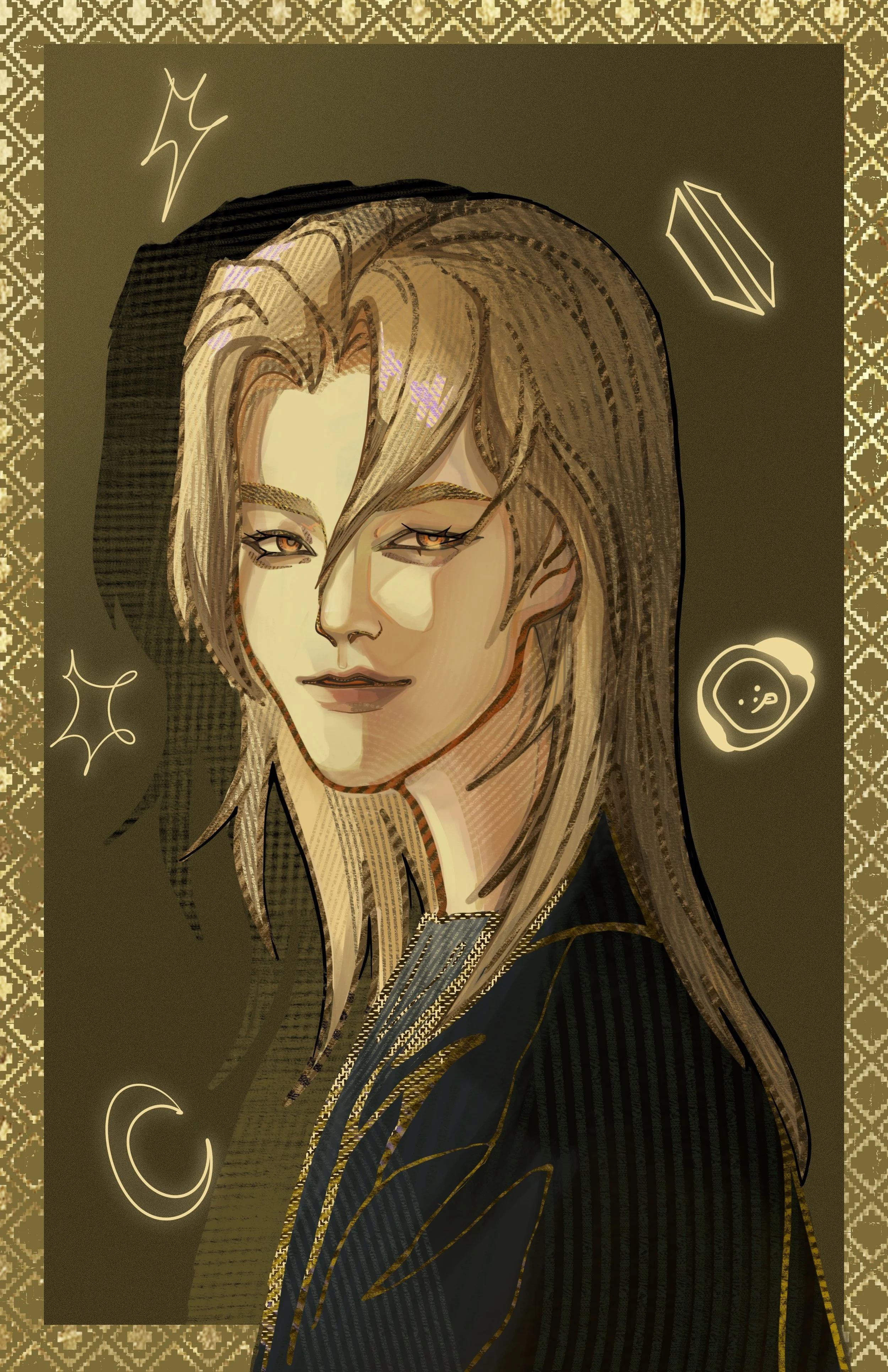 Stylized portrait of a woman with long, wavy hair, wearing a dark top, surrounded by doodle-style symbols such as a moon, a star, a cloud, and geometric shapes, on a dark background with a decorative border.