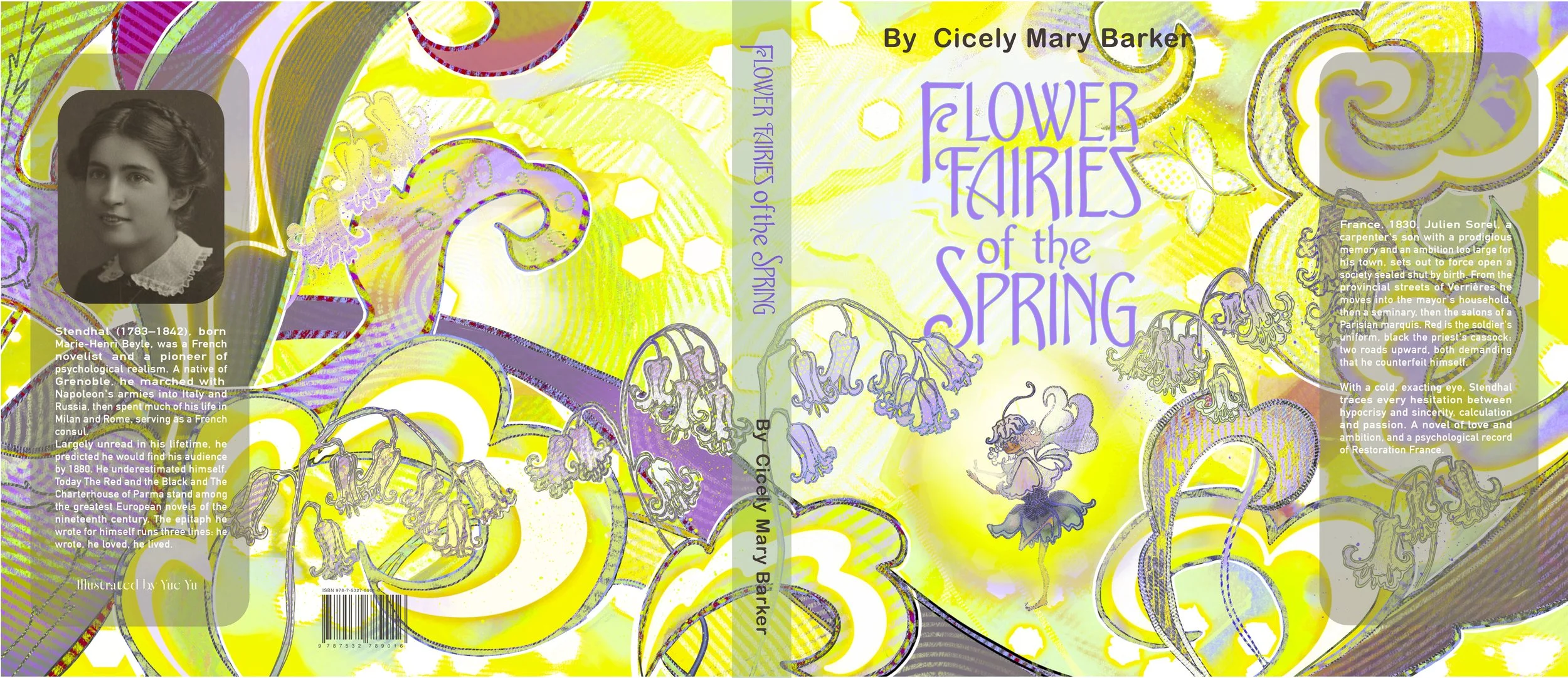 Book cover for 'Flower Fairies of the Spring' by Cicely Mary Barker, featuring whimsical illustrations of flower fairies, flowers, and botanical elements in yellow, purple, and green colors. The cover includes a small black-and-white portrait of a woman and text describing the book and the author.