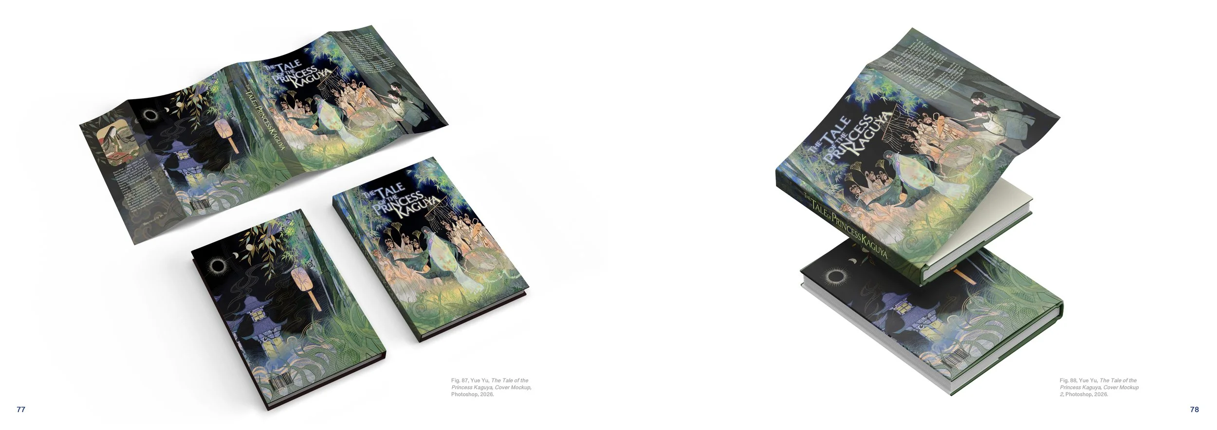 Mockup of a hardcover book titled 'The Tale of the Princess Kaguya' with cover art depicting a traditional Japanese scene, shown open and closed from different angles.