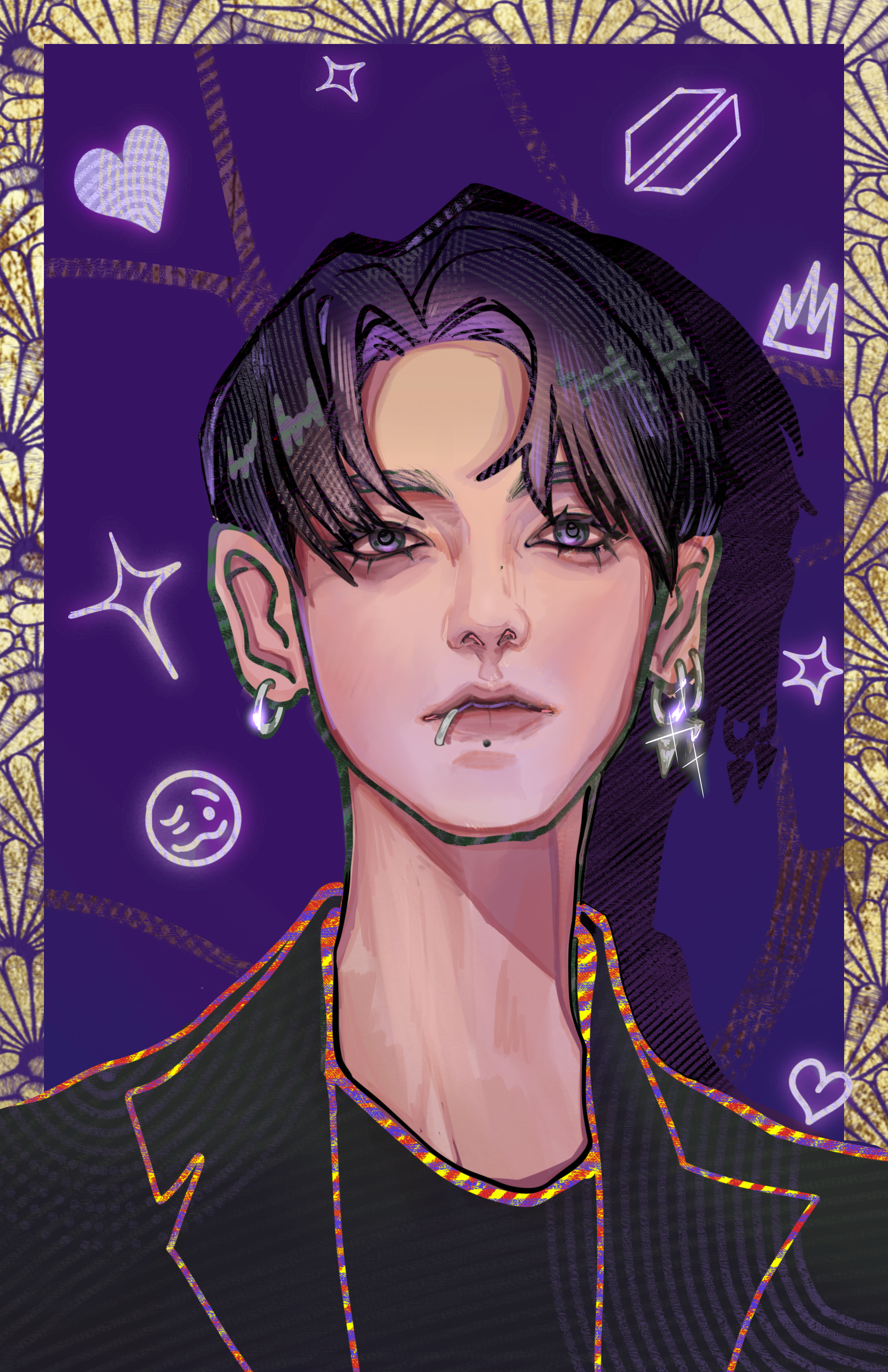 Digital illustration of a young man with dark hair, piercing eyes, and multiple earrings, wearing a black jacket with colorful trim, set against a purple background with neon heart, star, diamond, crown, sparkle, smiley face, and heart icons, surroun