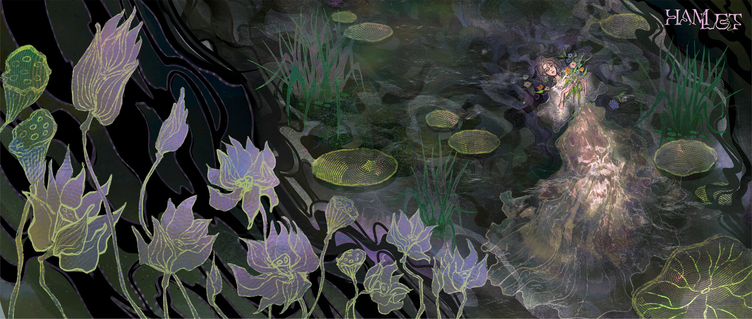 An artistic digital illustration of a pond scene with flowers, lily pads, and a girl with flowers in her hair lying in the water.