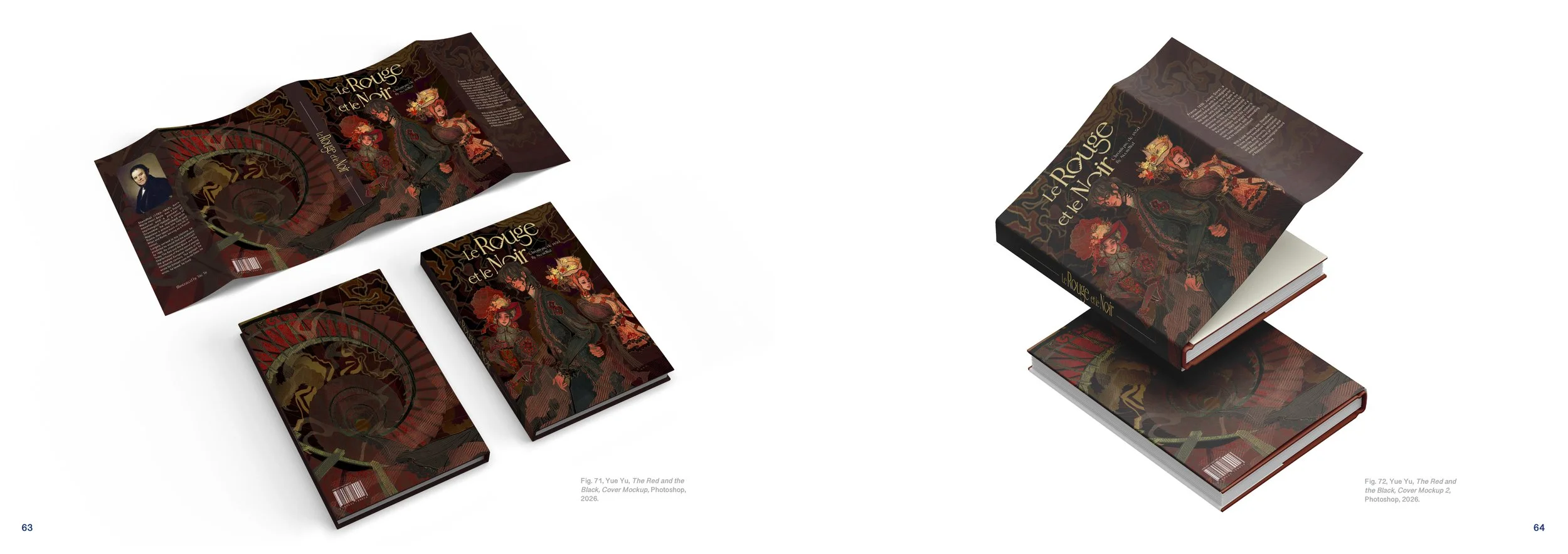 Mockup of a book titled 'Le Rouge et le Noir' with a red and black cover design, featuring illustrations of three characters in period costumes and a portrait of a man in the top left corner.