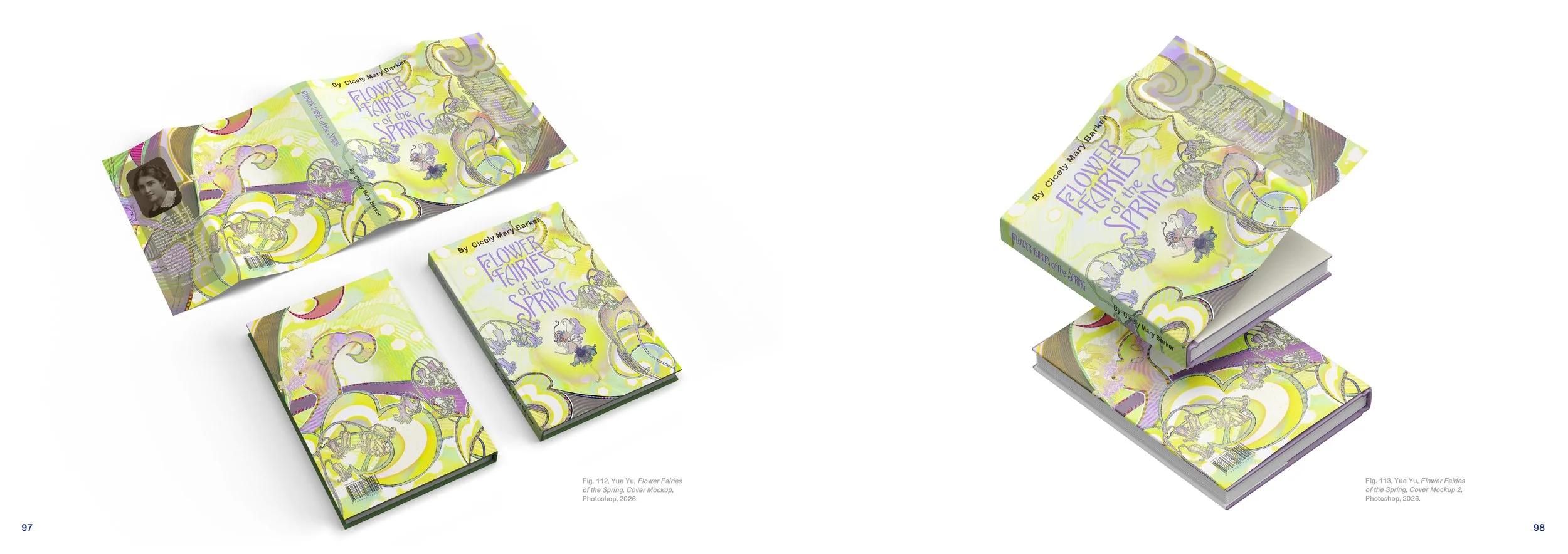 Multiple copies of a book titled "Flower Fairies of the Spring" with a colorful, floral-themed cover design, some open and some closed.
