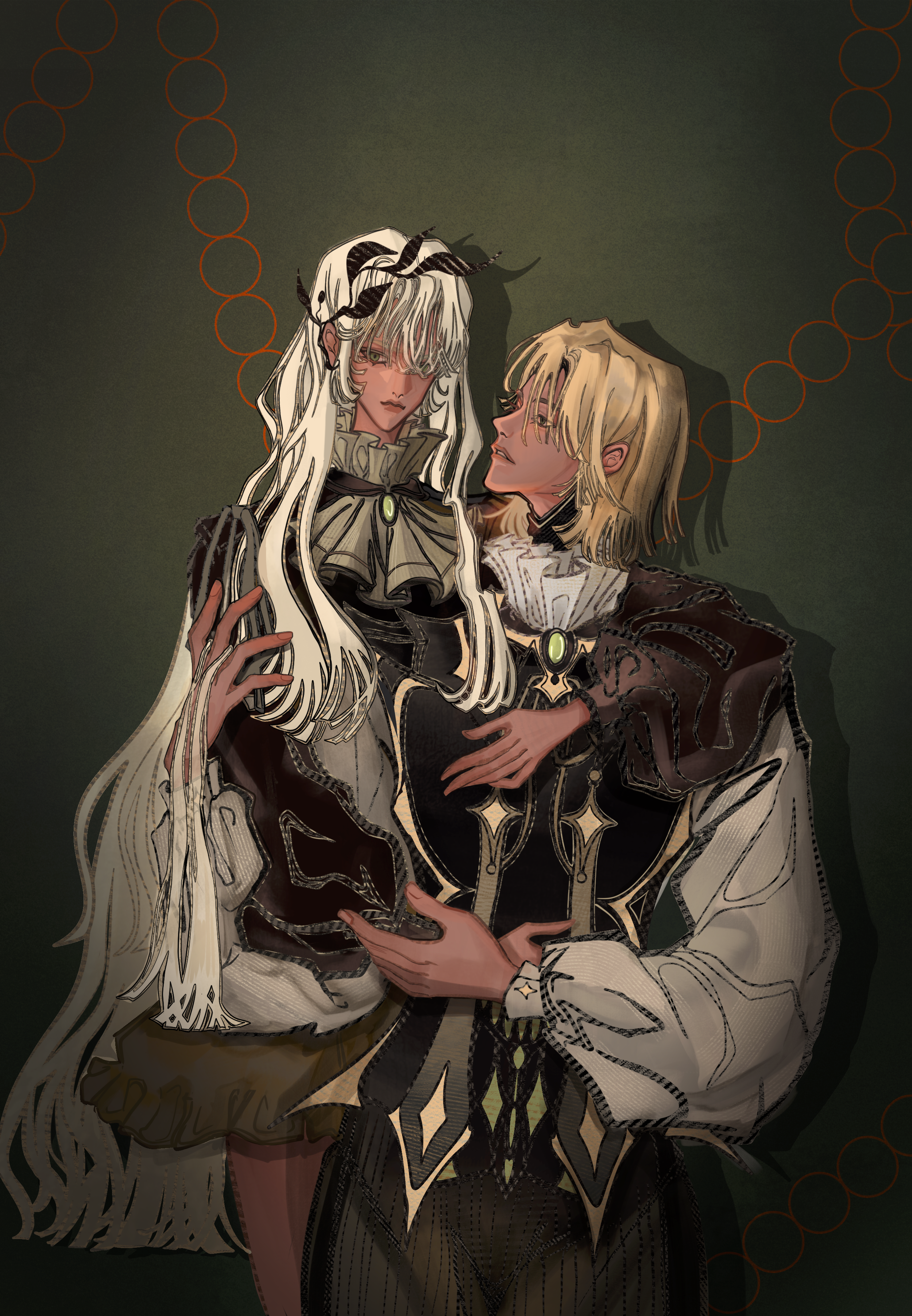 Two fantasy characters, one with long white hair and horns, and the other with short blond hair, embracing against a dark green background with decorative red circles.