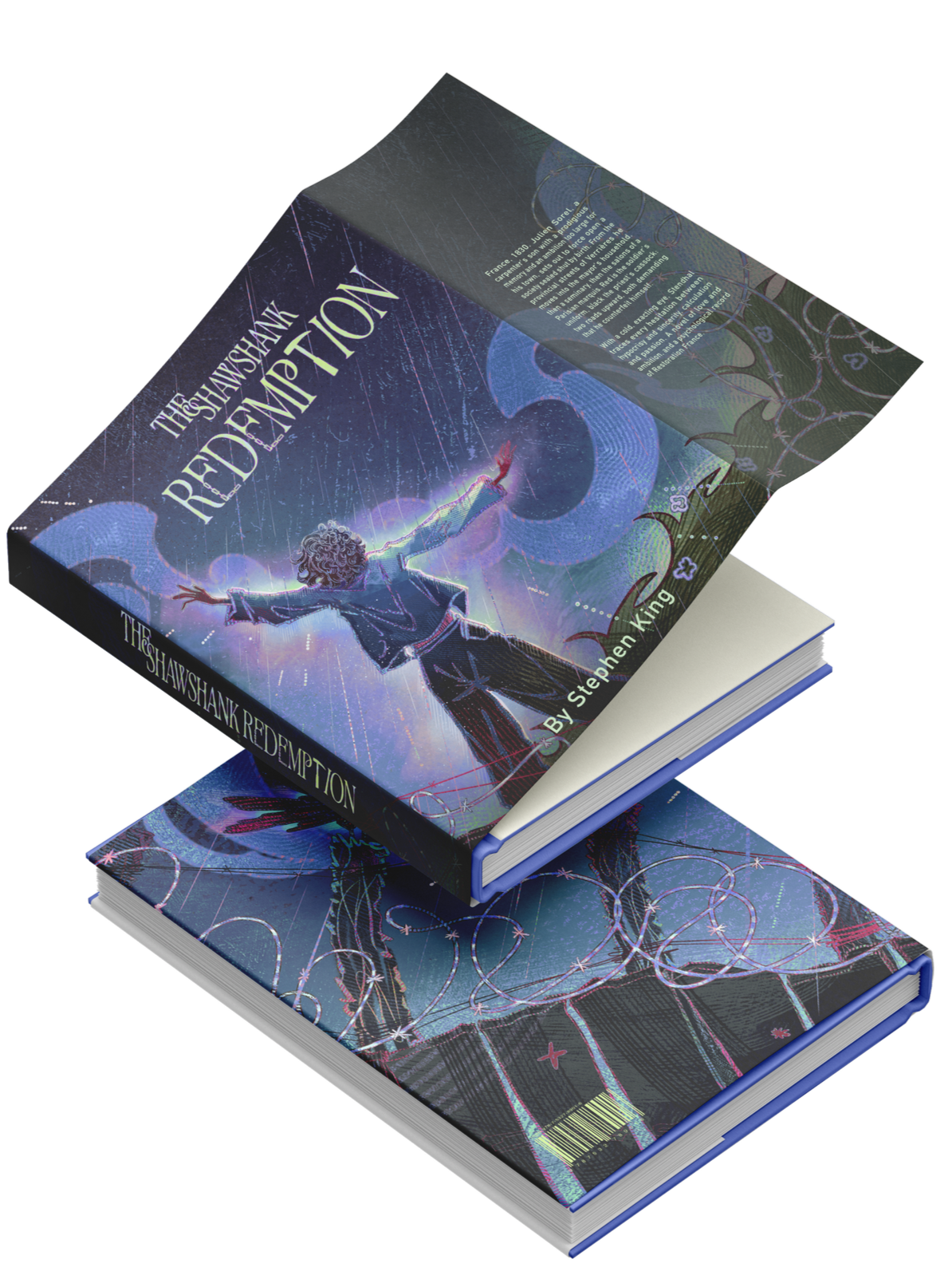 Fictional book cover illustrated with a person in a martial arts outfit reaching towards cosmic symbols and swirling lines. The title reads 'The Hawshanak Redemption' by Stephen King.