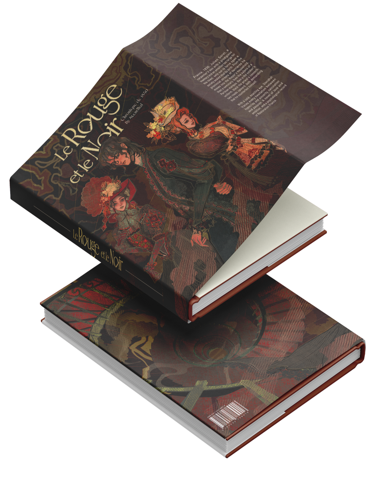 Two hardcover books titled "Le Rouge et le Noir" with illustrated covers featuring three women in vintage clothing, one wearing a large hat, against a dark background with gold and red accents.