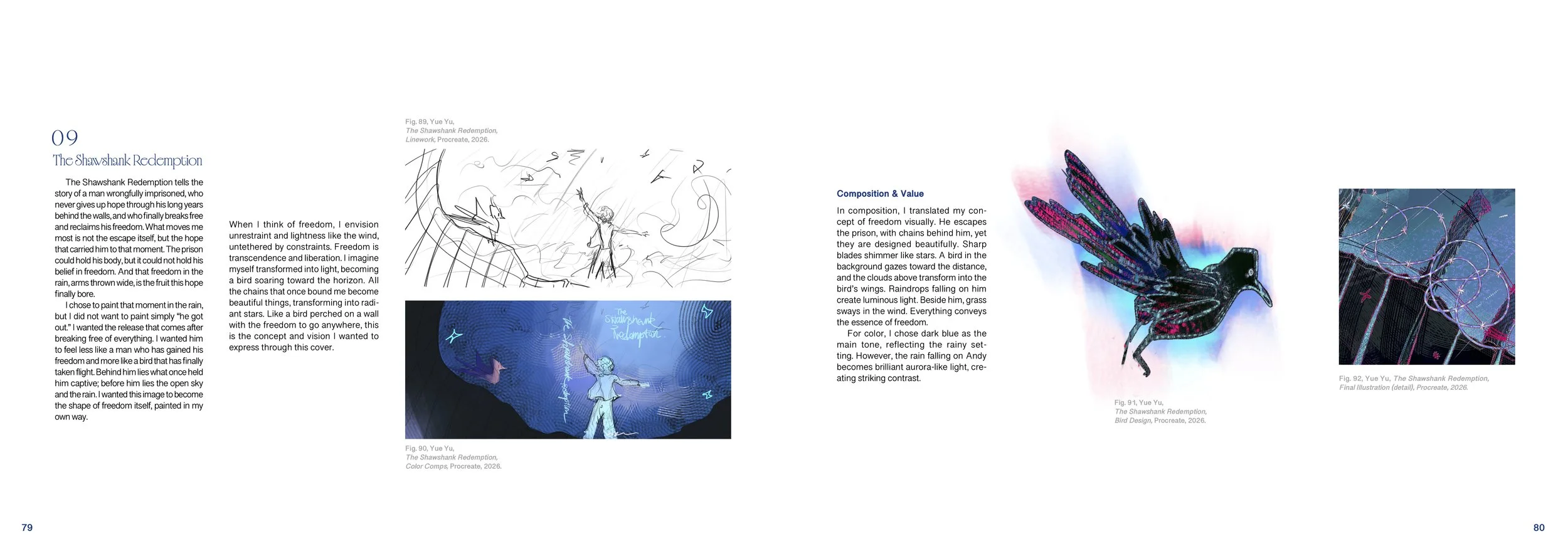 Page spread of an art book featuring sketches, paintings, and digital artworks inspired by the Shawshank Redemption and a bird in flight, with descriptive text on pages 79 and 80.