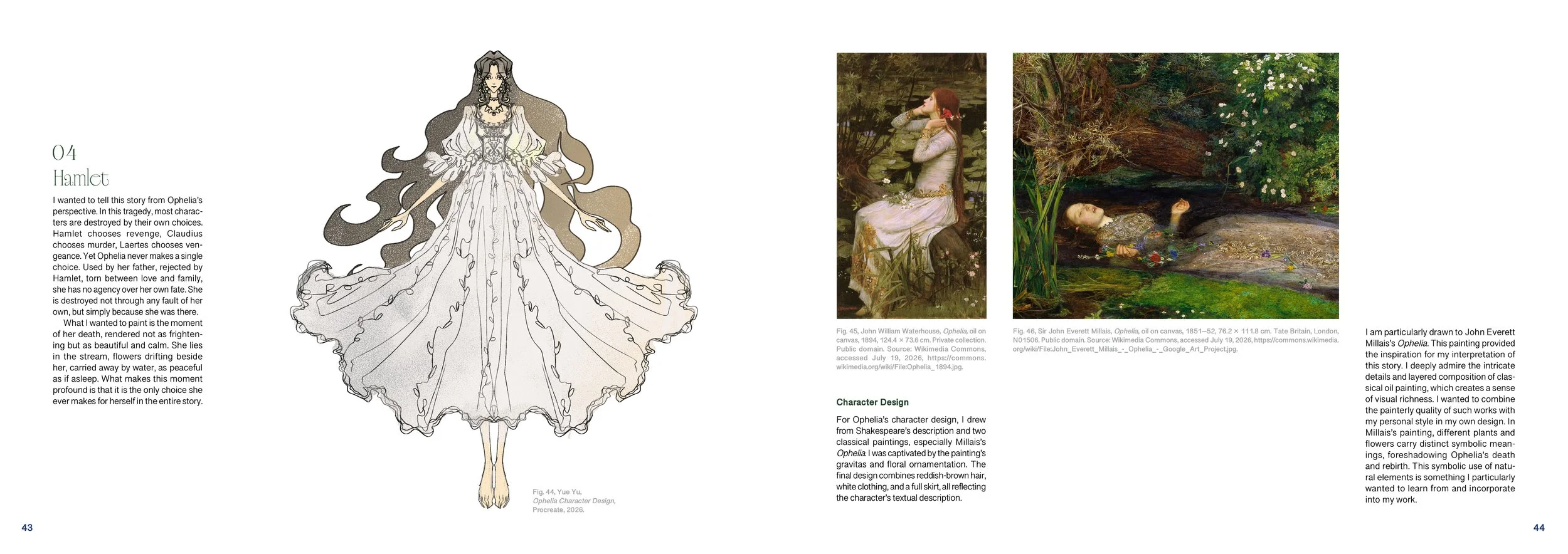 Illustration of Ophelia character design by Yue Yu, in a flowing dress with long, wavy hair, and a scene depicting a woman lying in a stream, surrounded by nature, inspired by John Everett Millais' painting "Ophelia."
