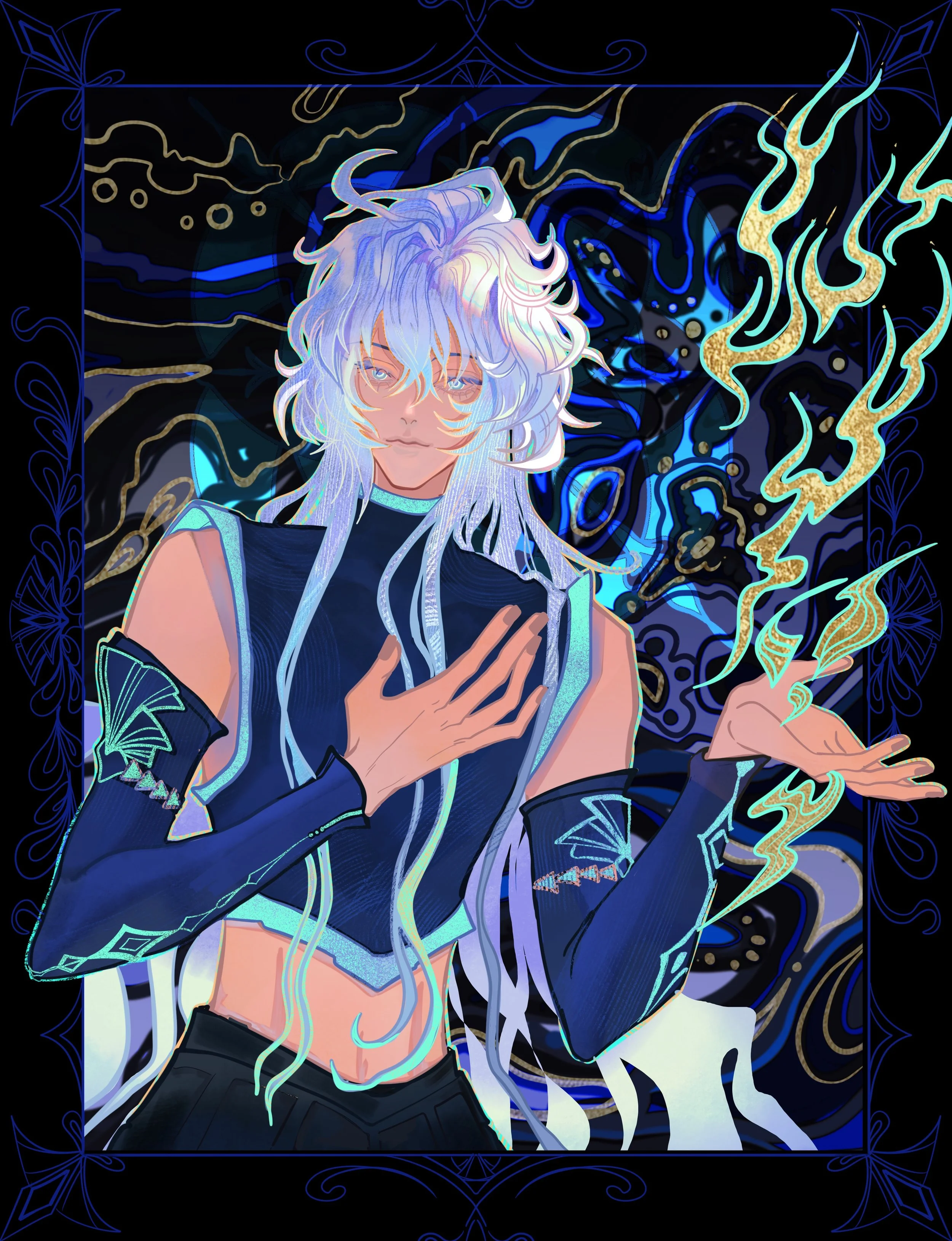 Anime-style illustration of a character with long, white hair, glasses, and a serious expression, surrounded by swirling blue and gold energy patterns on a dark background.