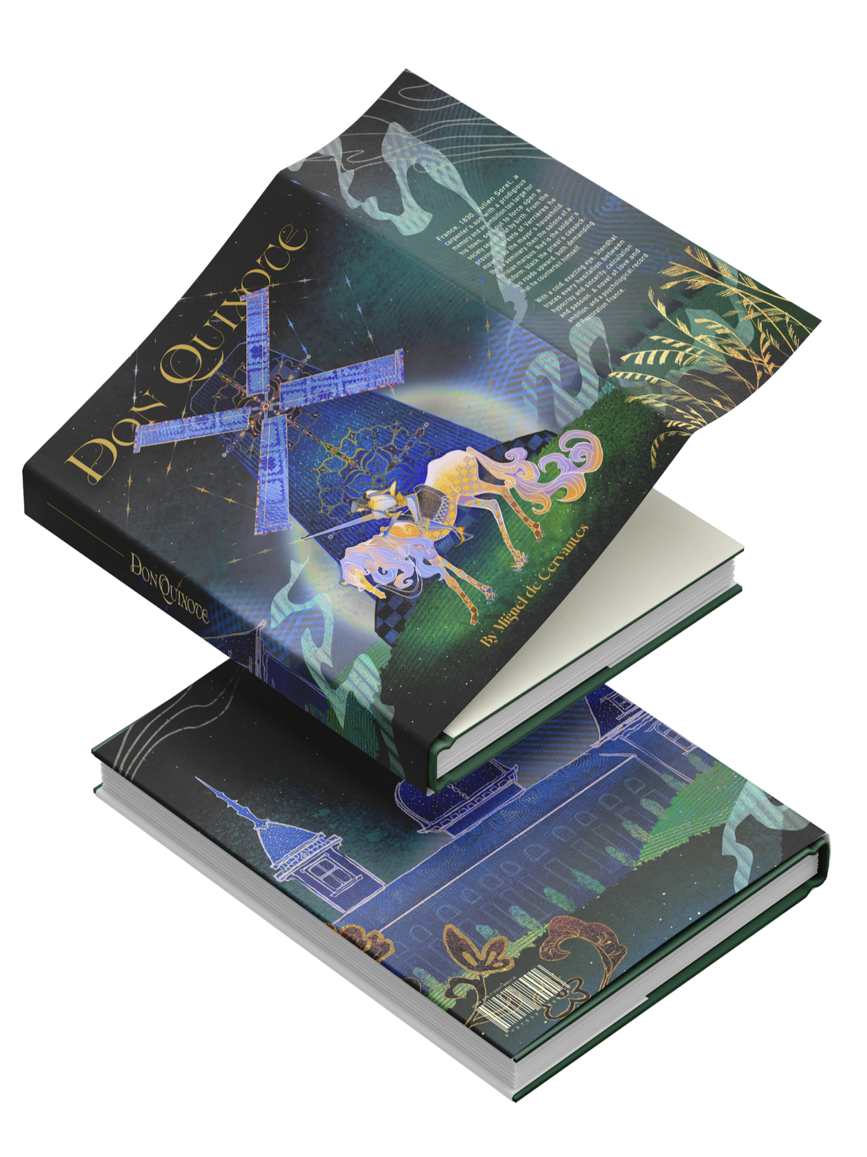 Book cover titled 'Démon du Sureau' with fantasy artwork of a unicorn, a windmill, and a starry night scene.