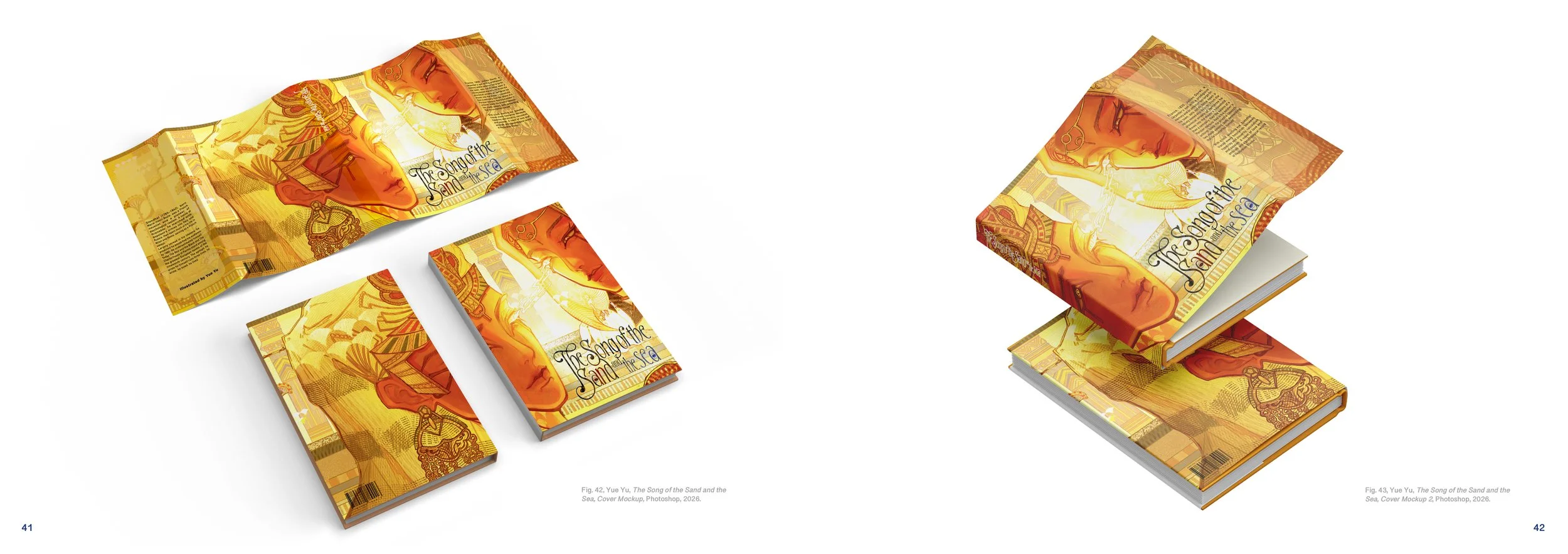 Book cover titled 'The Song of the Sand and the Sea' featuring an orange and yellow illustrated face, shown both as a standalone cover and in a mockup of a hardcover book and pages.