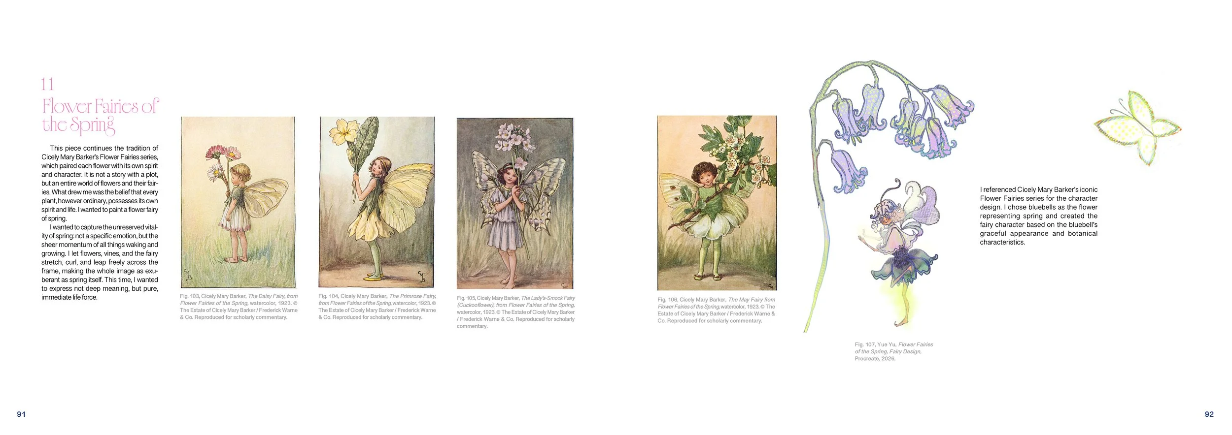 A two-page spread from a book displaying artwork and descriptions of fairy illustrations themed around spring. The pages include pictures of fairy characters, some with butterfly or floral elements, along with accompanying text.