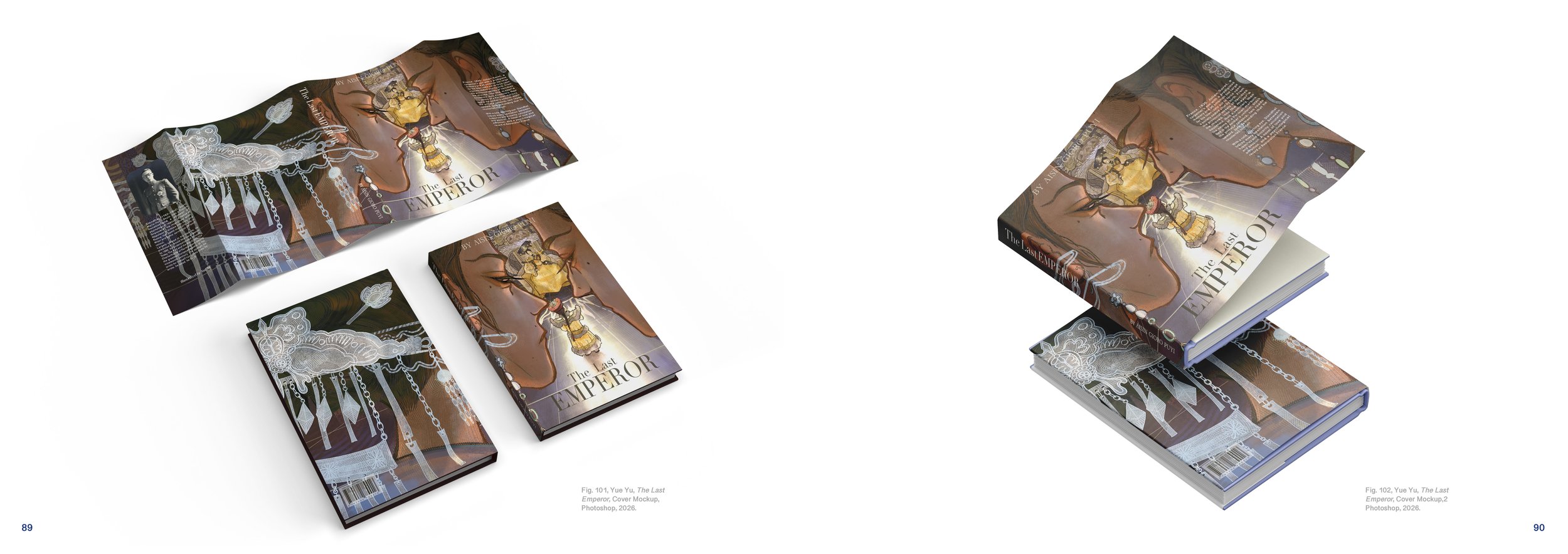 Mockup of a book titled "The Last Emperor" with cover art featuring a woman's face and a small figure, shown in loose and stacked formats.