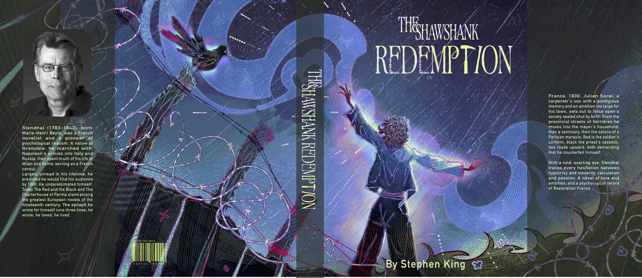 The book cover features an illustrated girl with curly hair reaching out to a flying bird in a rainstorm with lightning. The background has abstract swirls and lines with dark blue and purple hues. The title is 'The Hawkshank Redemption' by Stephen King. There are text sections about historical figures and a bio on the back cover, along with an author photo.