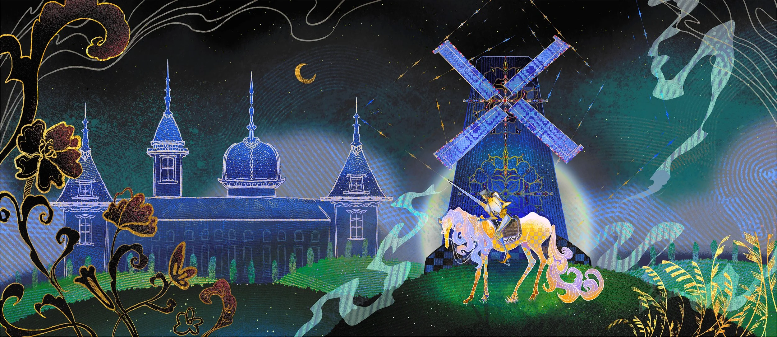 Illustration of a windmill, a unicorn, a castle, and a castle tower at night with stars, moon, and decorative floral and abstract designs.