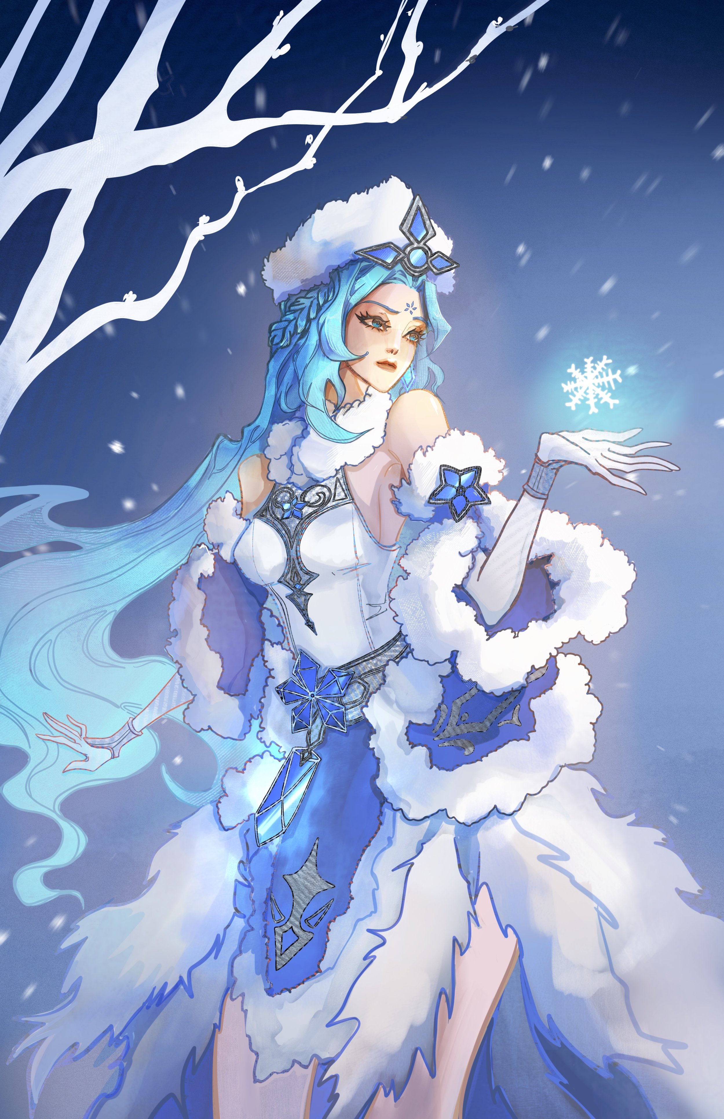 Anime-style character with long blue hair dressed in a winter-themed outfit holding a glowing snowflake, with snow and a snowy tree branch in the background.