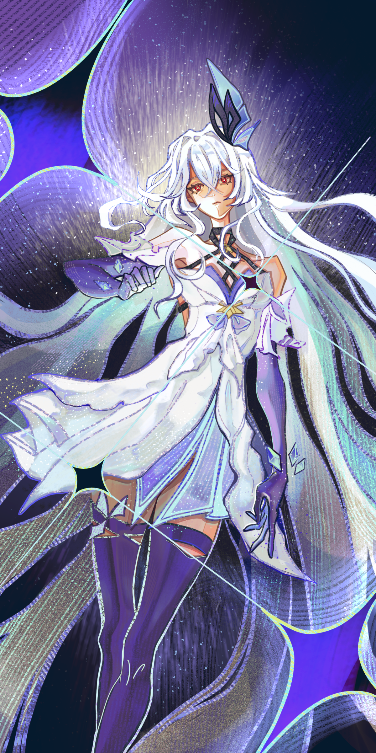 A fantasy-style digital illustration of a female character with long, flowing white hair, red eyes, and a serious expression. She wears a white dress with blue accents, black gloves, and thigh-high stockings, and has a large, icy blue crystal spike o