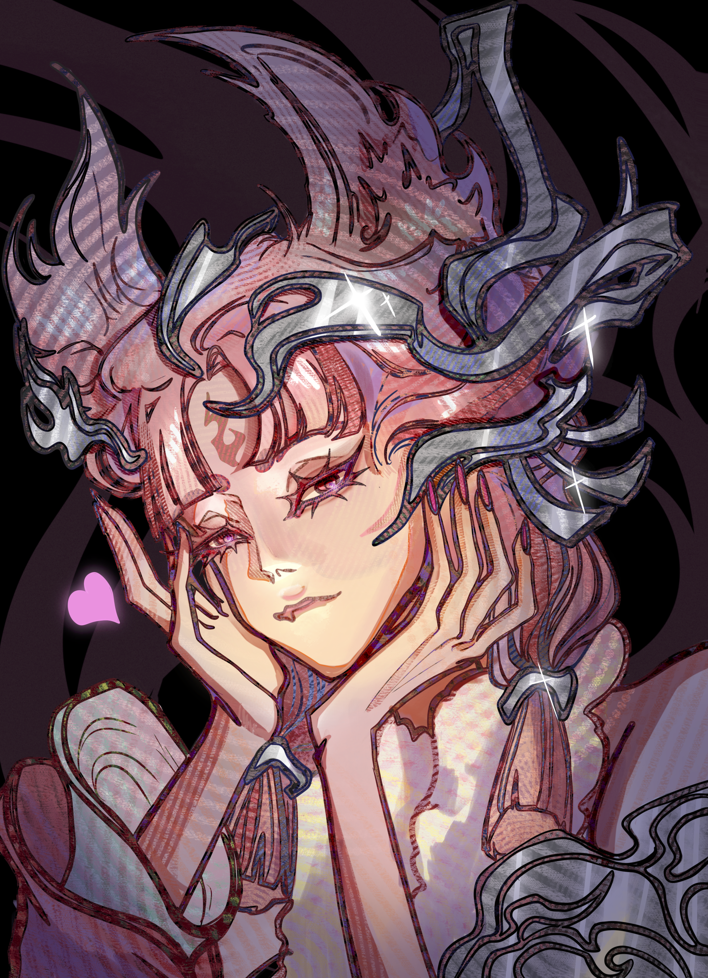 An anime-style illustration of a woman with long, wavy hair and a serene expression, holding her face with one hand. The image has sparkles and pink hearts, with a dark background.