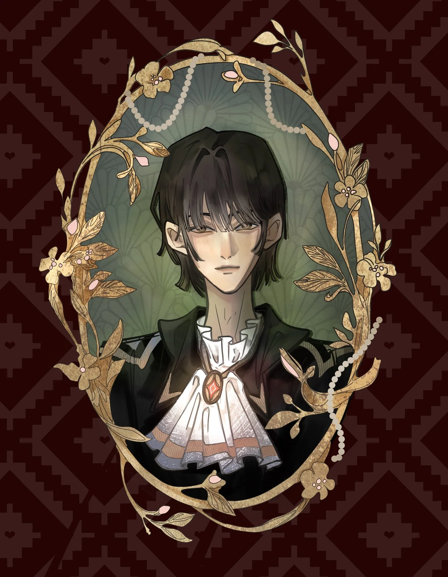 Illustration of a young man with black hair and fantasy-inspired attire, surrounded by a decorative, floral, and butterfly frame on a dark patterned background.