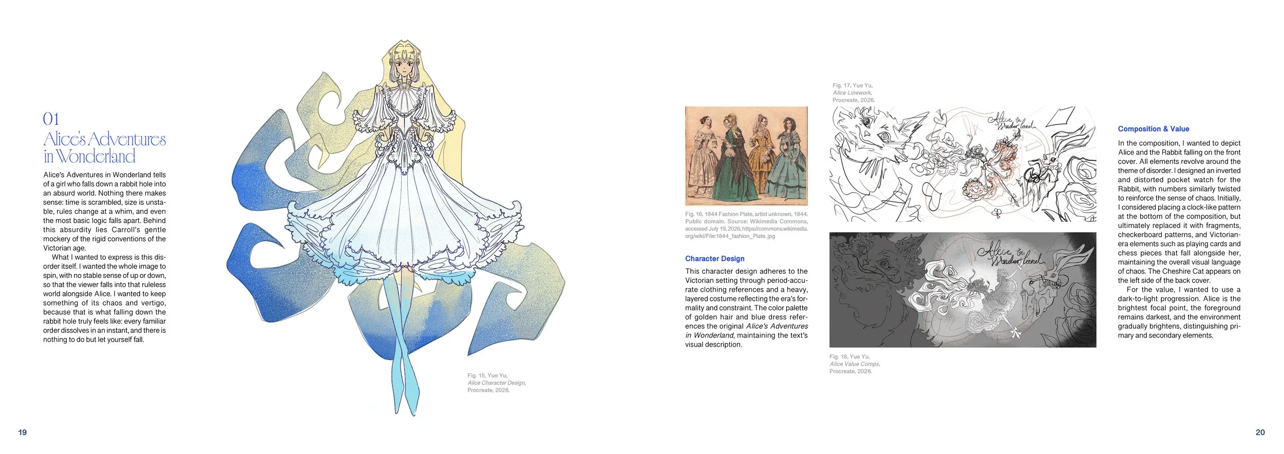A two-page spread from a book featuring a colorful illustration of Alice in Wonderland, surrounded by sketches and references related to the character's design, with text discussing her adventures and character development.