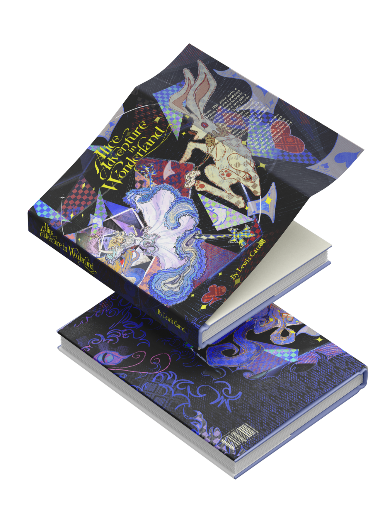A book titled 'Alice's Adventures in Wonderland' with a colorful, artistic cover featuring surreal, whimsical illustrations of Alice, a rabbit, and other fantasy elements, lying open.