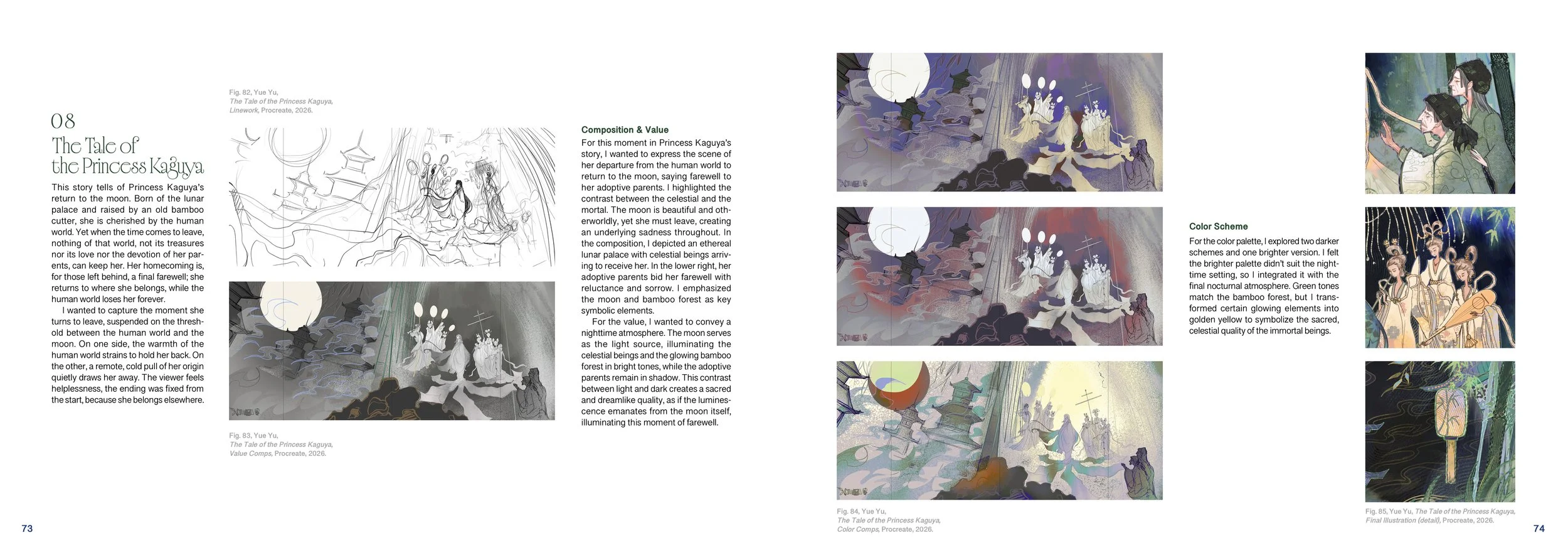 A two-page magazine spread about the story of Princess Kaguya, featuring illustrations of celestial dance scenes, lunar landscapes, and traditional Japanese figures.