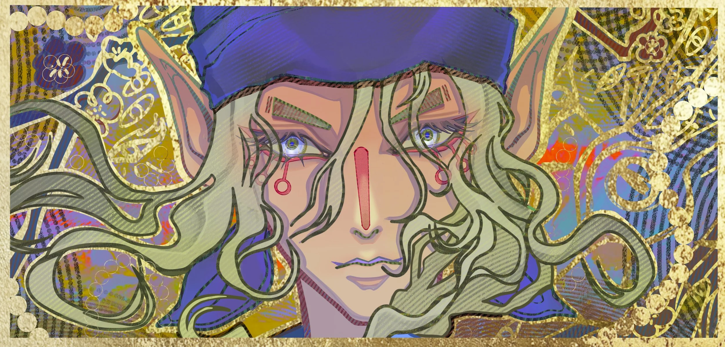 A stylized digital artwork of a person's face with long curly hair, a purple hat, and colorful hair accessories. The background features intricate gold patterns and floral designs.