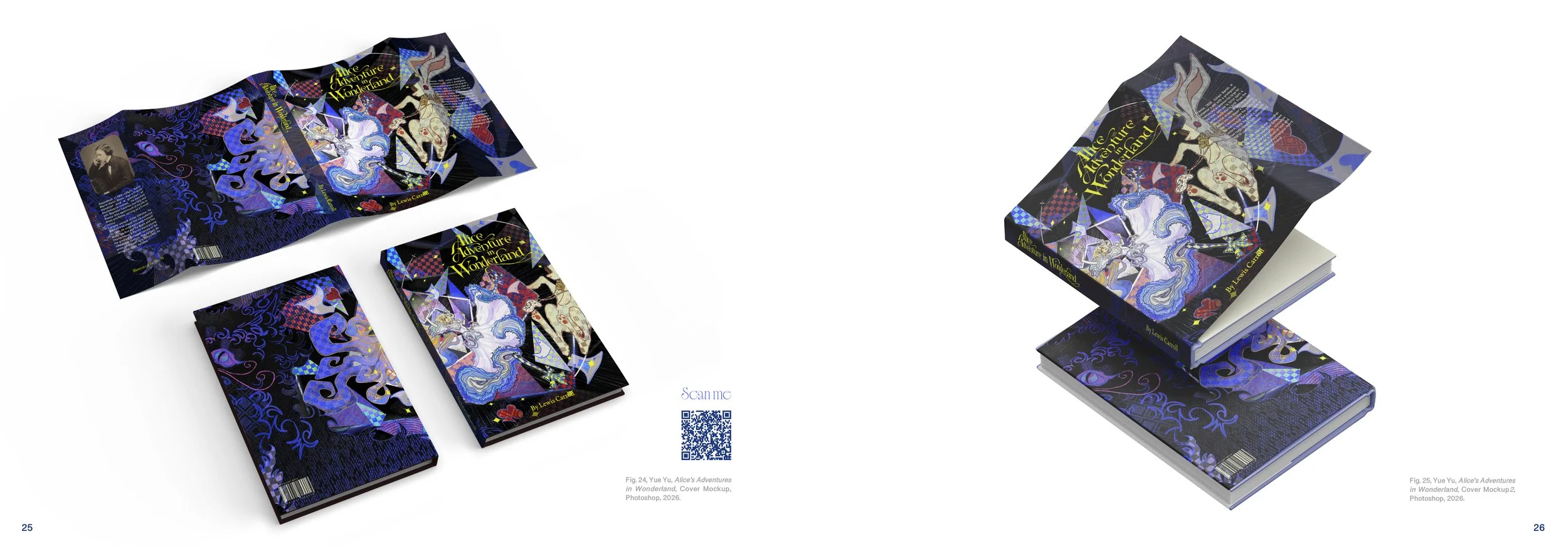 Mockups of a book cover for "Alice's Adventures in Wonderland" by Lewis Carroll, featuring colorful illustrations of Alice and fantastical patterns on a dark background, shown from different angles.