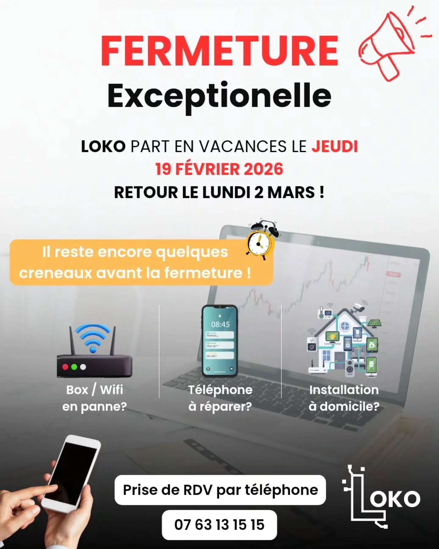 📣 Fermeture exceptionnelle de Loko
Loko sera ferm&eacute; pendant 1 semaine &agrave; partir du vendredi 20 f&eacute;vrier ☀️
➡️ R&eacute;ouverture le lundi 2 mars
⏳ Il ne reste plus que les cr&eacute;neaux de jeudi avant la fermeture !
Apr&egrave;s&
