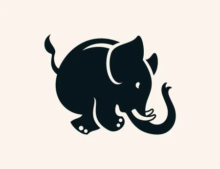 A black and white stylized illustration of an elephant with a rounded body and a long trunk.