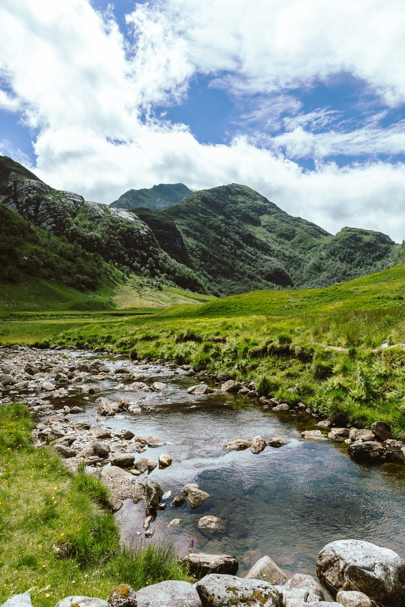 Scenic view of a mountain valley with a small river flowing through green grassy fields, surrounded by lush green mountains under a partly cloudy sky.