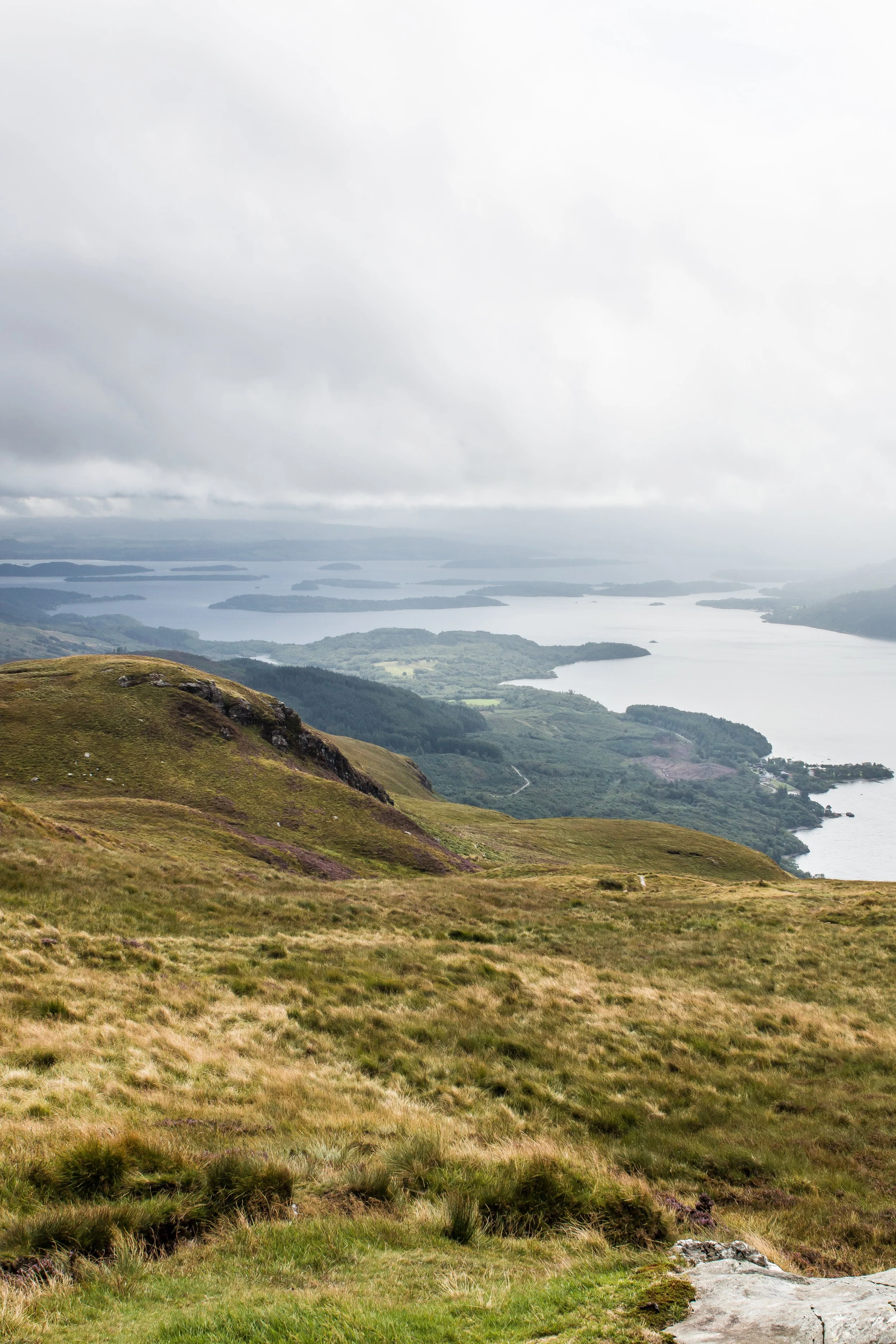 Panoramic view of a landscape with rolling grassy hills in the foreground, and a large body of water with small islands and landmasses in the distance, under a cloudy sky.