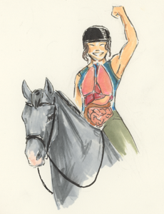 Horseback rider finding a stable core by riding "from her guts!"