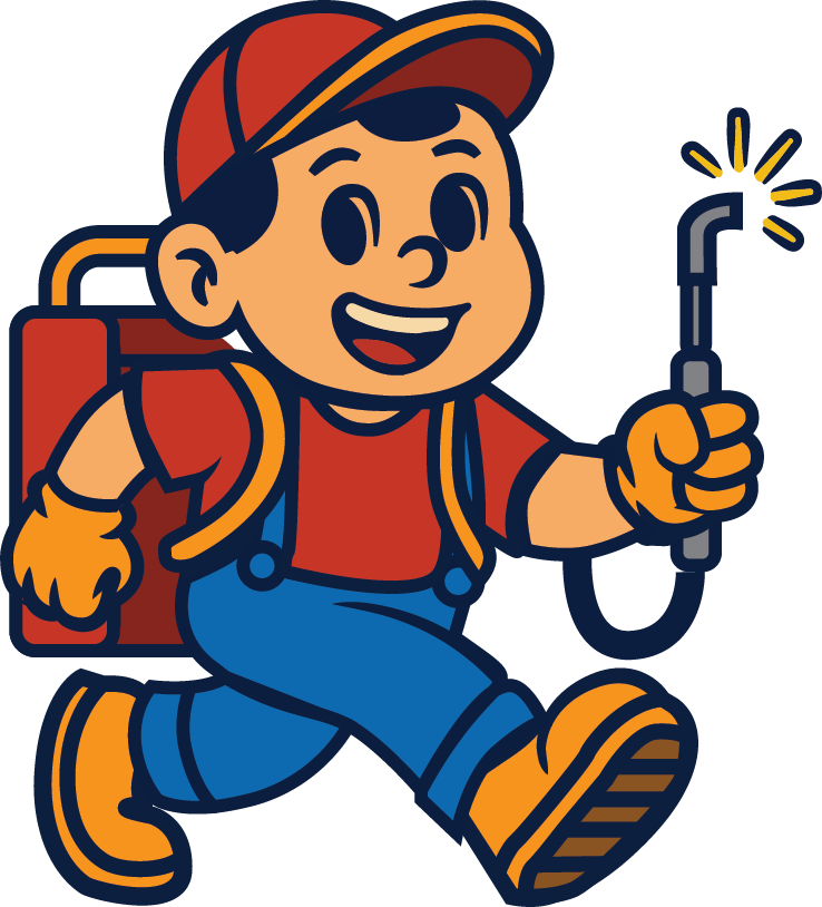 Cartoon boy in overalls and a cap holding a lit sparks-emitting tool, smiling happily.