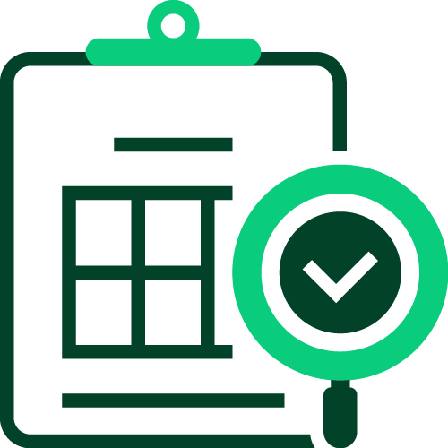 An icon of a clipboard with a checklist and a magnifying glass with a check mark to the right.