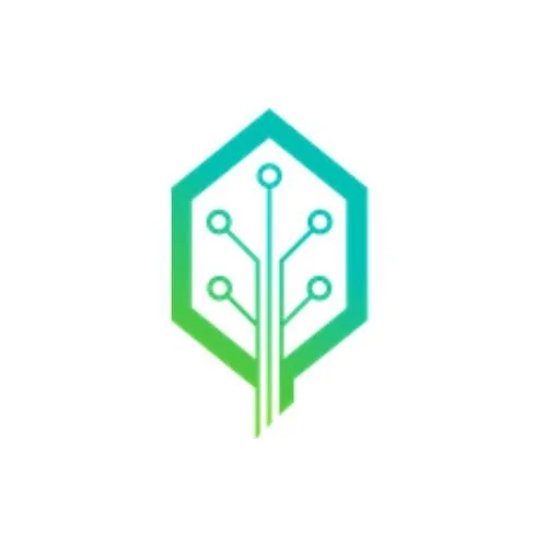 A stylized logo resembling a leaf with circuit lines inside it, representing technology or environmental focus.