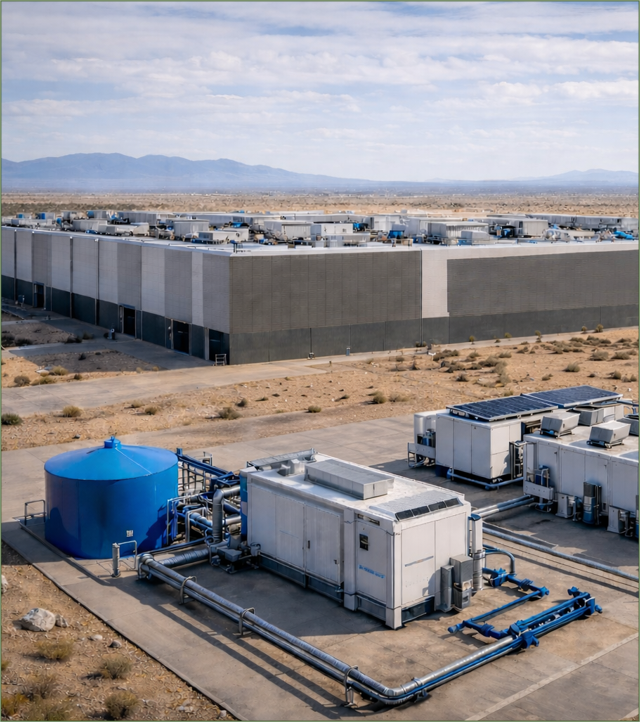 Atmospheric Water Generation: Draws water from the air, like an industrial-strength dehumidifier, at utility scale, even in arid desert conditions. Draws enough water to supply closed-loop cooling system.