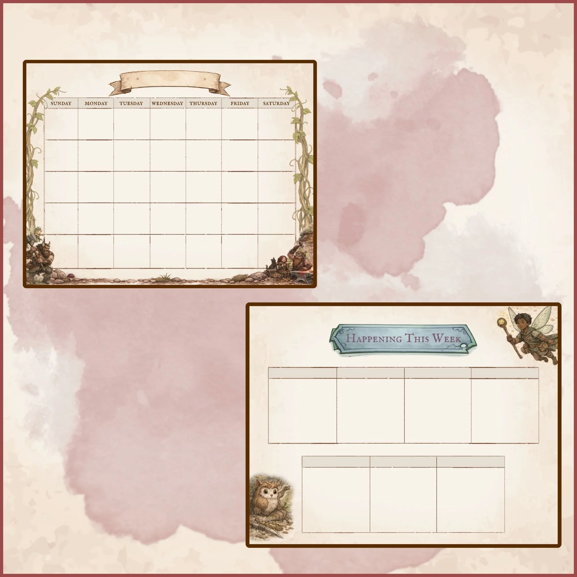 A weekly planner with a woodland theme. The top left section is a blank monthly calendar with days of the week from Sunday to Saturday, decorated with vines and small animals at the bottom corners. The bottom right section is a smaller weekly planner titled 'Happening This Week,' with space for notes, decorated with a cute owl at the bottom left and a fairy illustration at the top right.