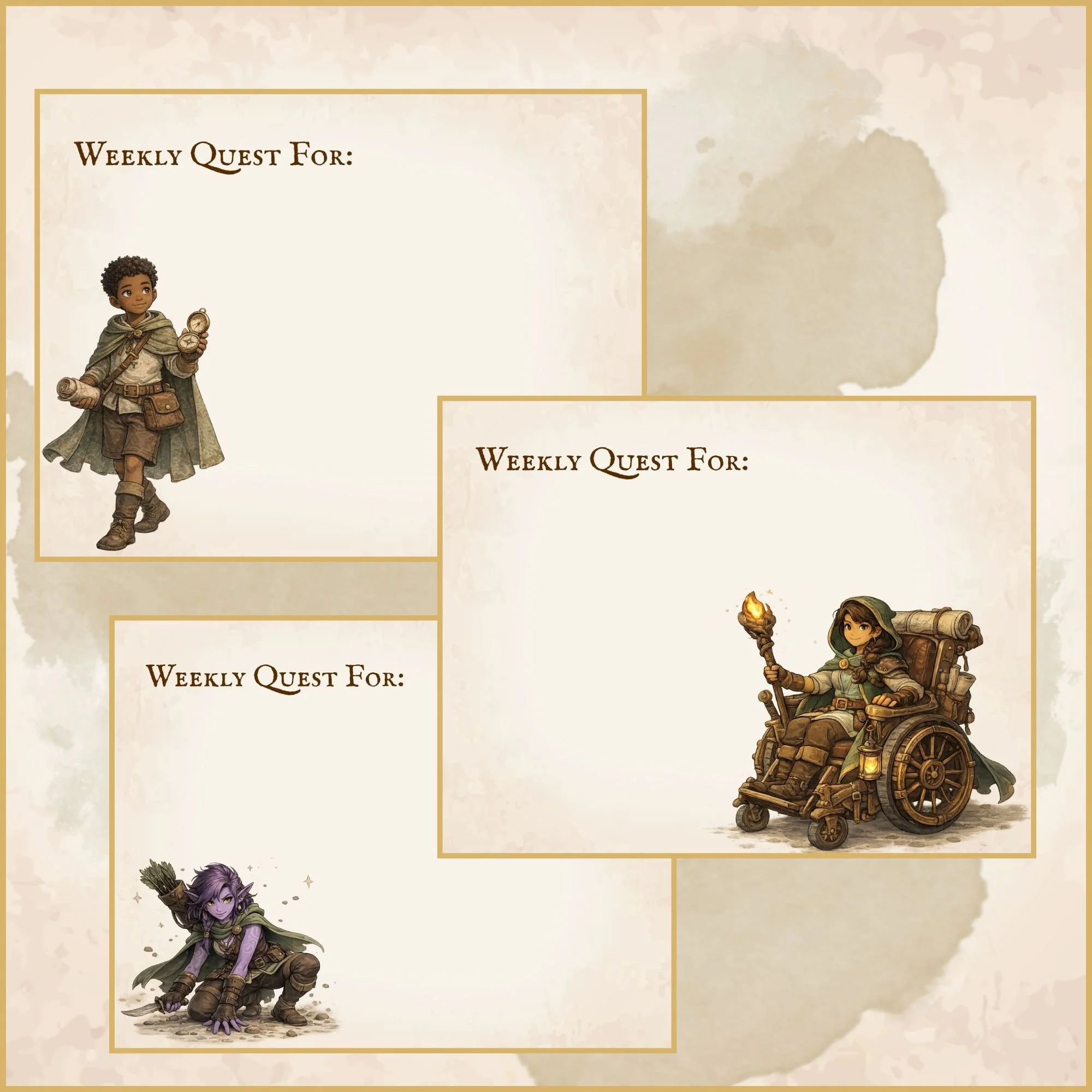 A fantasy-themed weekly quest board with three sections for quests, featuring illustrations of a young male adventurer, a female mage, and a female warrior in a wheelchair holding a torch. for a family meeting