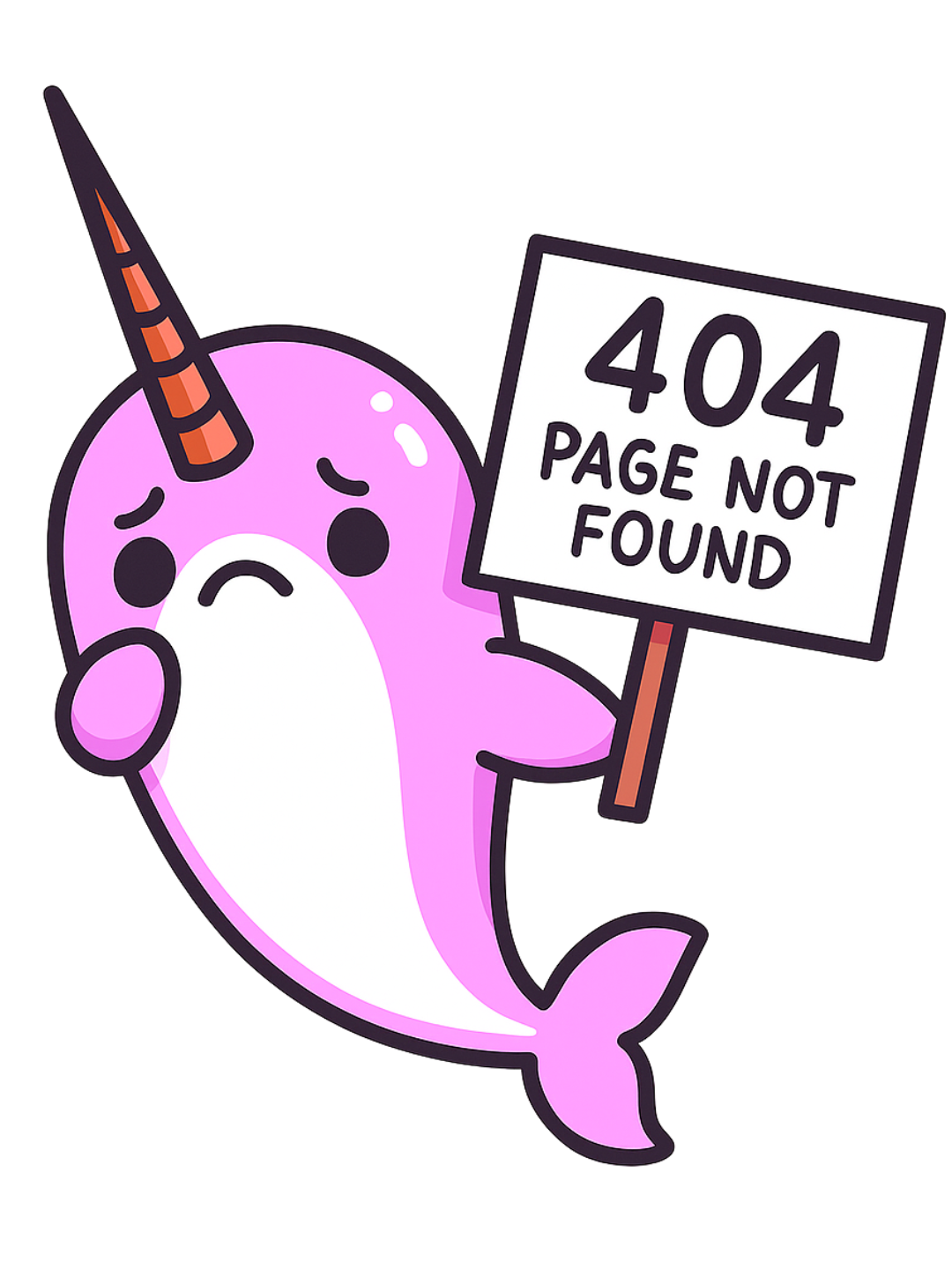 Sad cartoon unicorn holding a sign that says '404 Page Not Found'.