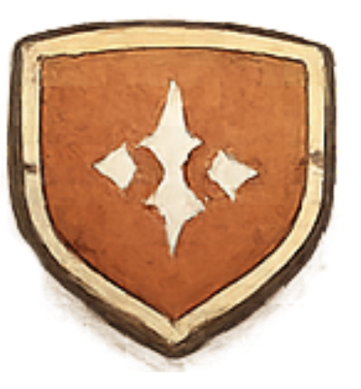 A shield-shaped emblem with a tan outer border, a rust-orange inner background, and three white star-shaped symbols arranged vertically in the center.