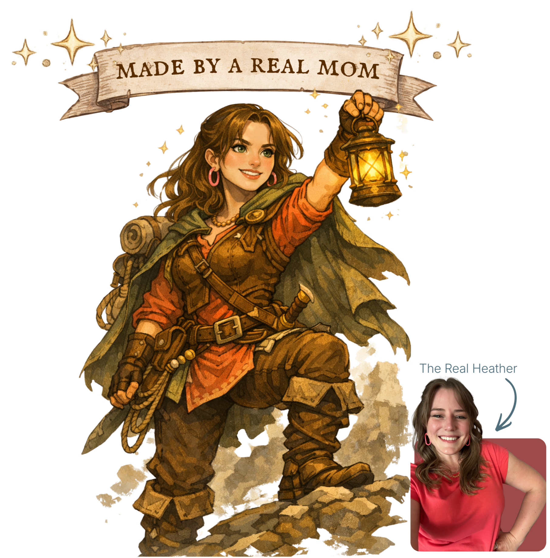 Digital illustration of a woman dressed as a fantasy explorer or adventurer, holding a lantern, with a photo of a woman smiling overlaid in the bottom right corner. Above the main image is a banner that reads "Made by a real mom."