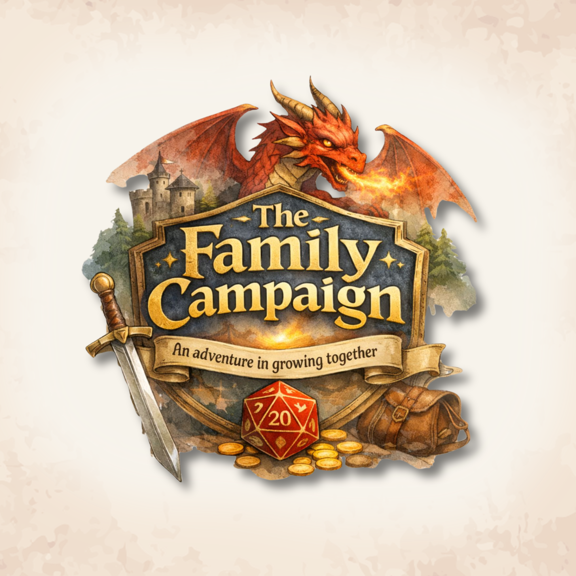 Artwork for the board game 'The Family Campaign,' featuring a red dragon breathing fire, a castle in the background, a sword, a 20-sided die, gold coins, and a bag of treasure, with the tagline 'An adventure in growing together.'