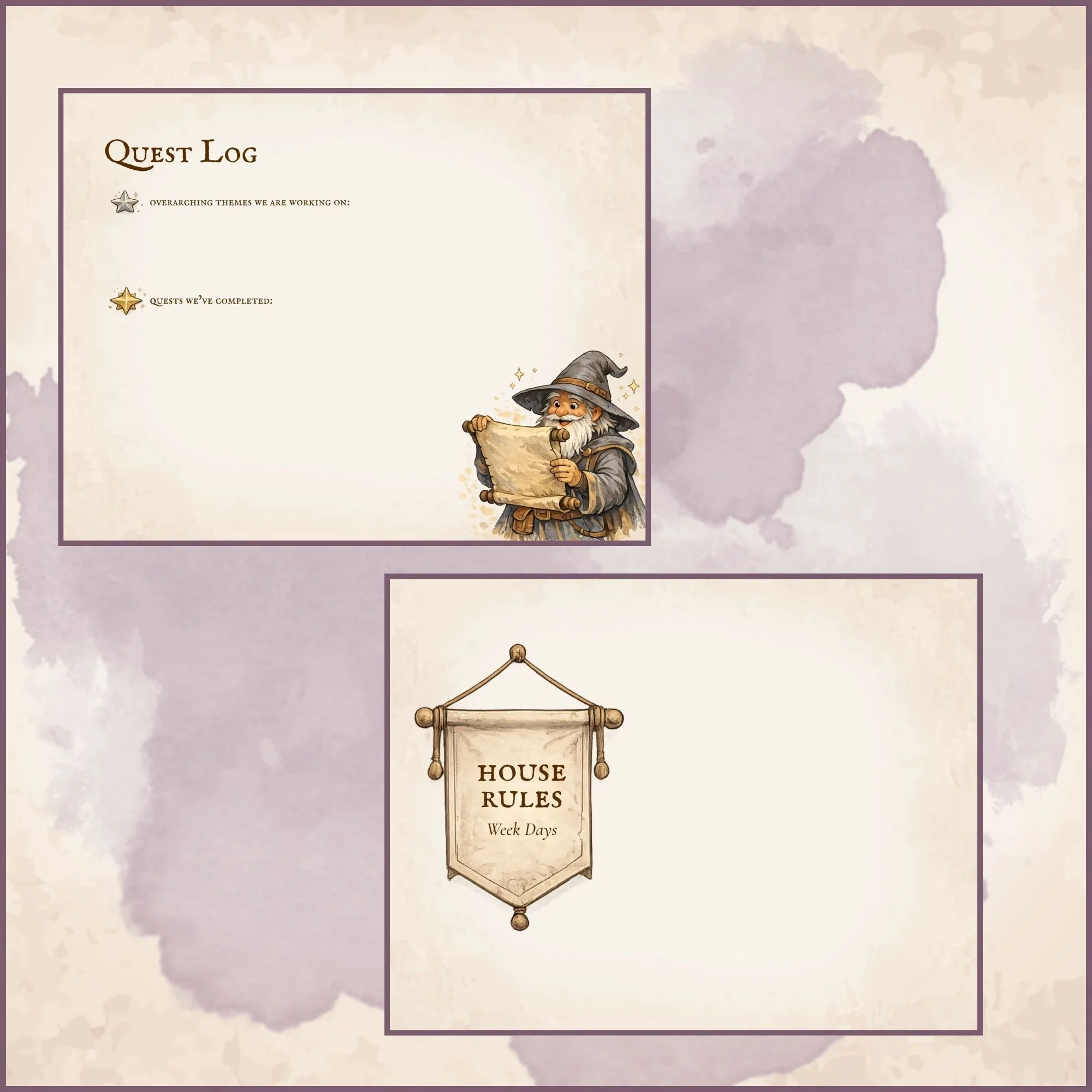 A themed template for a house rule book with a fantasy wizard theme. It features a quest log section with a wizard illustration, and a house rules section with a decorative banner, all set against a watercolor textured background for a family meeting