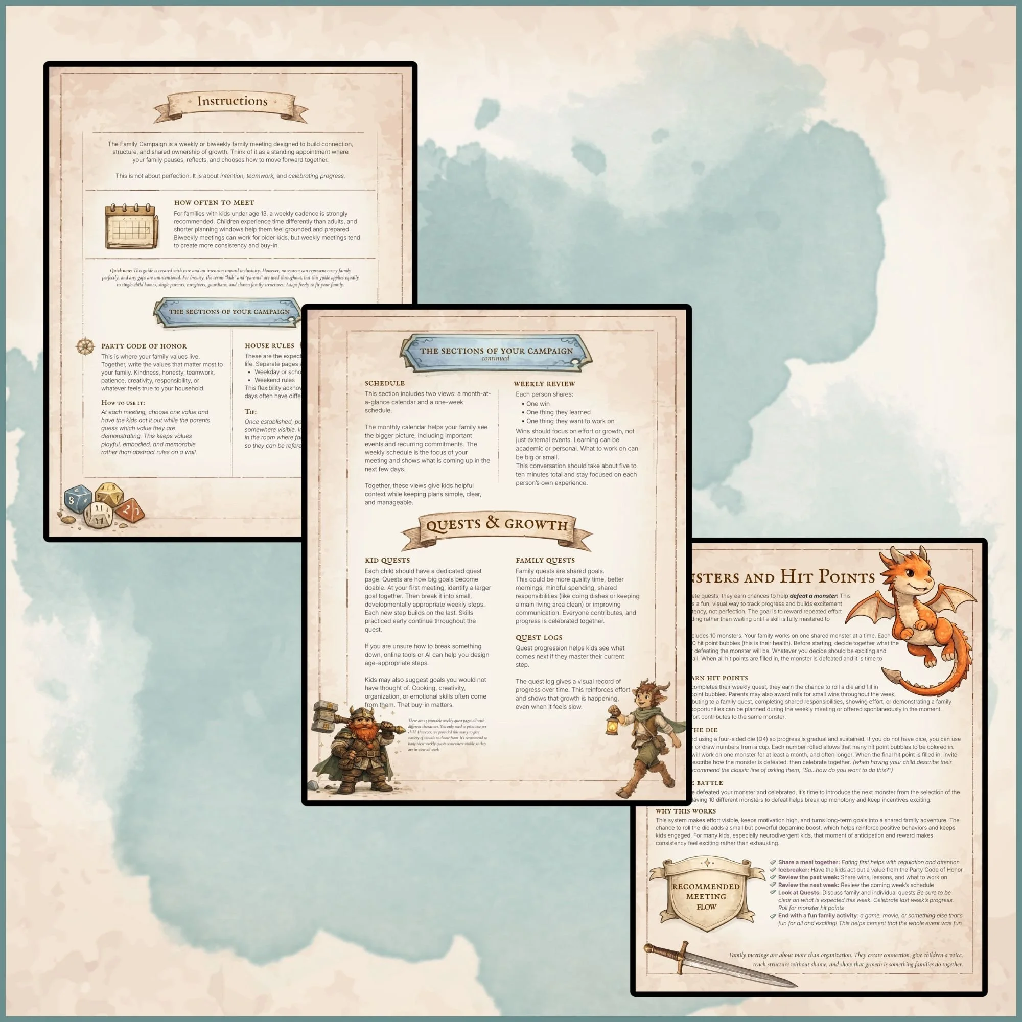 Three pages of a family campaign guide with text, illustrations, and icons on a watercolor background for a family meeting
